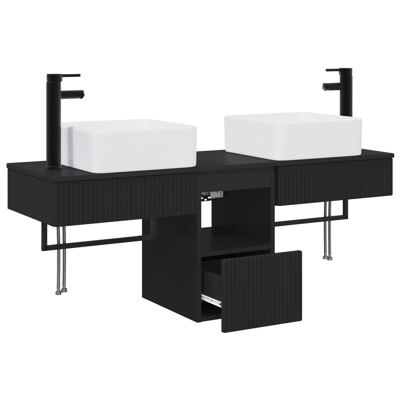 Modernes schwarzes Doppelwaschbecken im Badezimmer mit zwei weißen Waschbecken, hohen Armaturen, offenem Regal und zentraler Schublade im Schrank