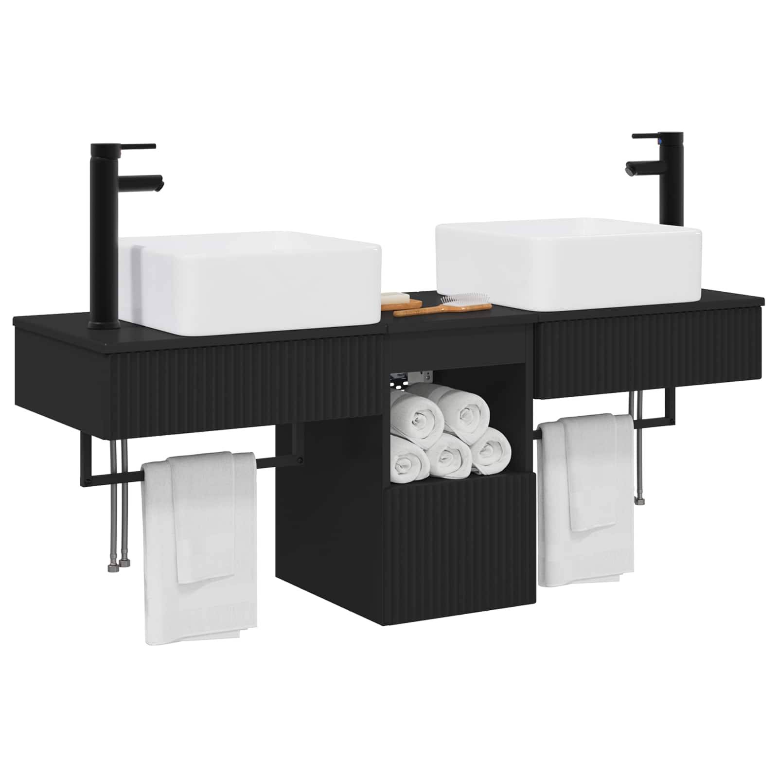 Modernes Doppel-Badezimmerwaschbecken mit zwei Waschbecken, schwarzem Schrank, zentralem Handtuchtablett und hängenden Handtuchstangen.