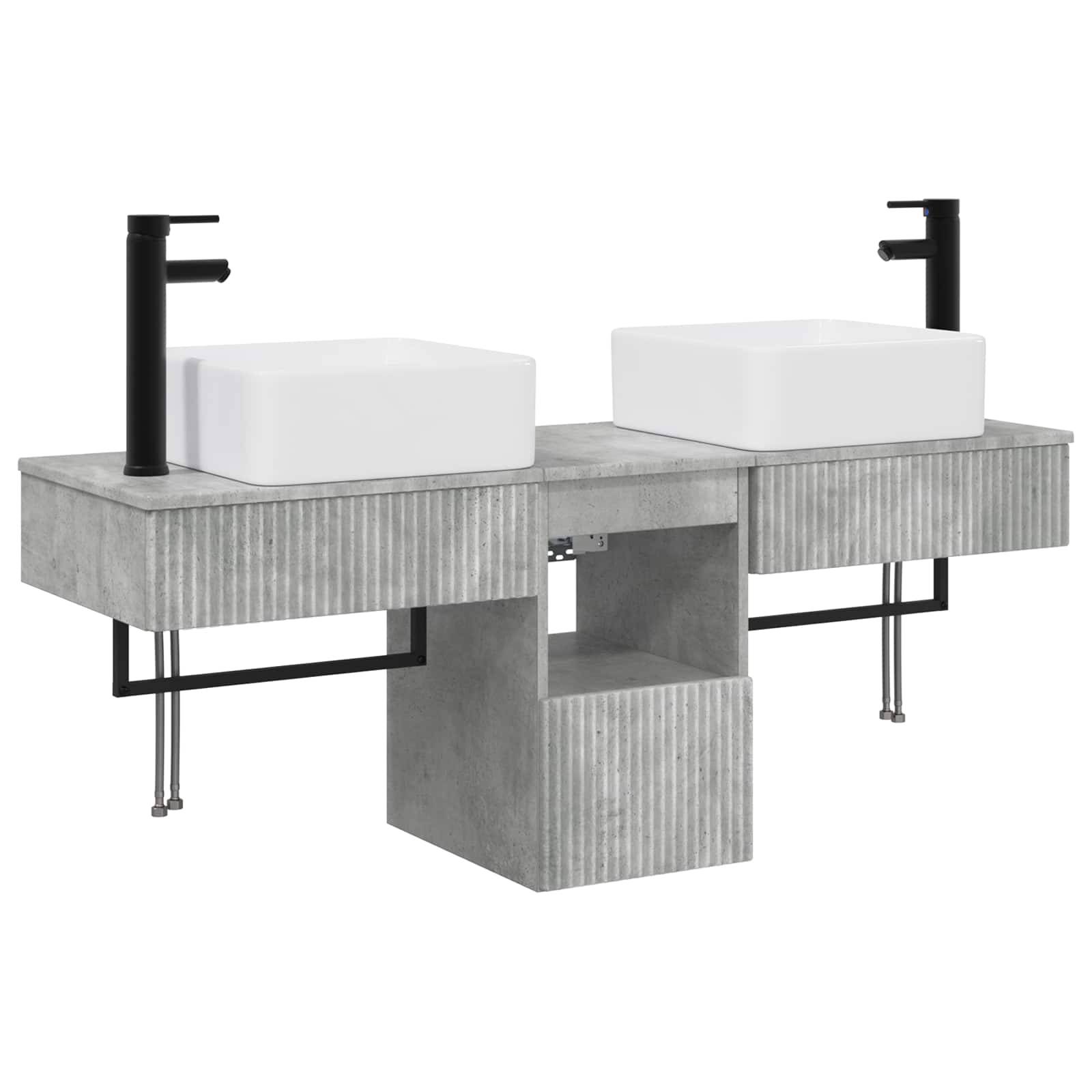 Doppelwaschbecken im Badezimmer mit zwei weißen Becken auf einem grauen Betonschrank und schwarzen Armaturen, zentriert auf weißem Hintergrund