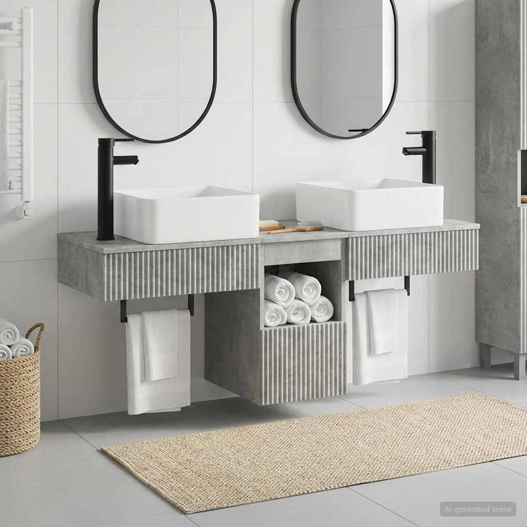 Modernes Badezimmer-Waschtisch mit zwei Aufsatzbecken, schwarzen Armaturen, ovalen Spiegeln, gestreifter grauer Schrankwerk, Handtüchern und gewebtem Teppich.