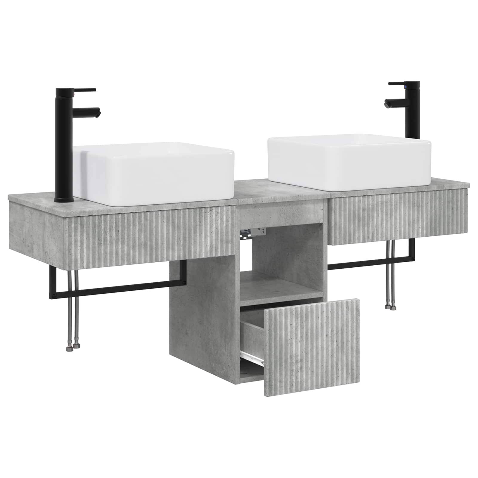 Doppelwaschplatz mit zwei Waschbecken, schwarzen Armaturen, gerillter grauer Schränke, zentralem offenem Regal und einer kleinen Schublade darunter.