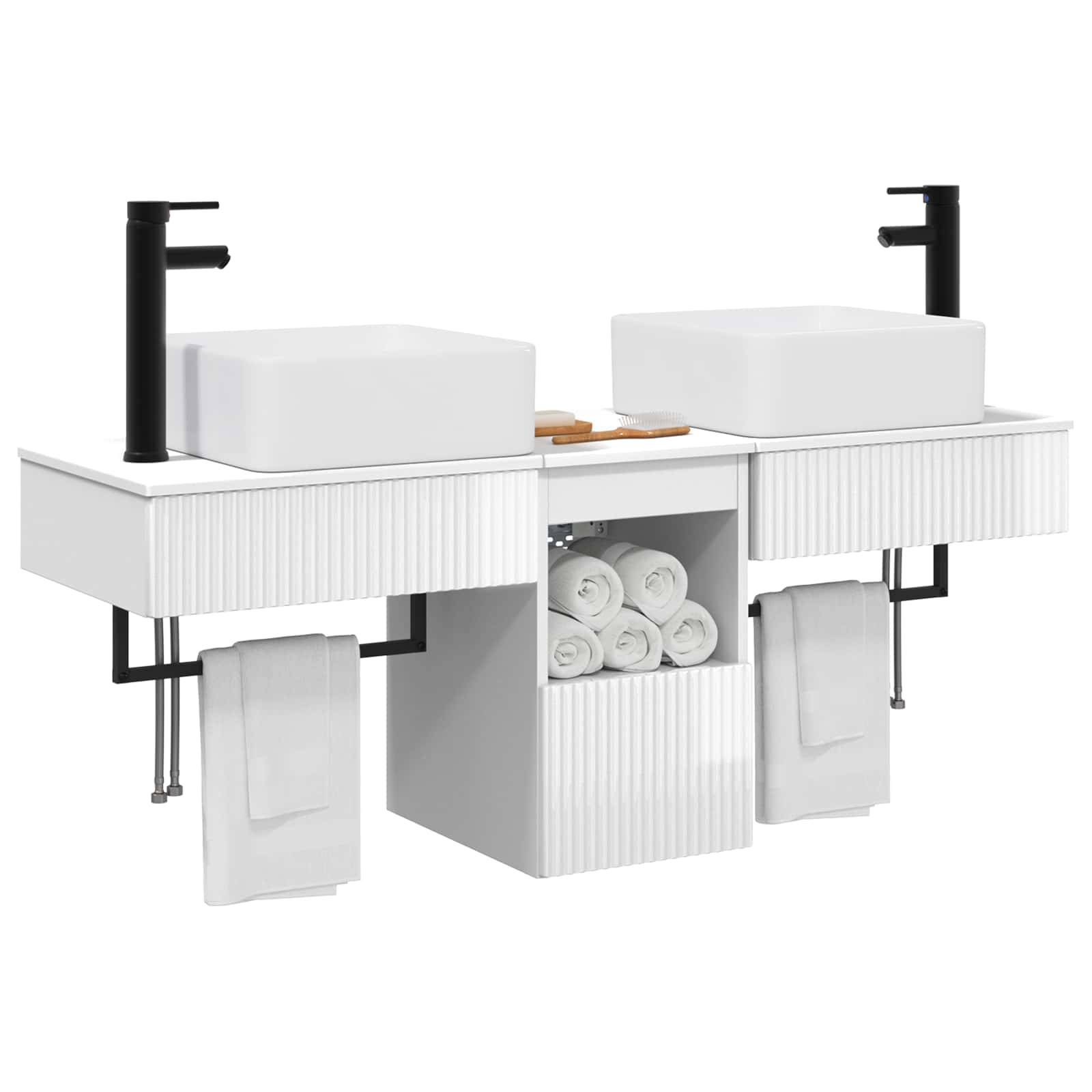 Modernes Doppelwaschbecken-Waschtisch mit zwei Becken, schwarze Armaturen, mittleres Regal mit aufgerollten Handtüchern und hängende Handtücher.