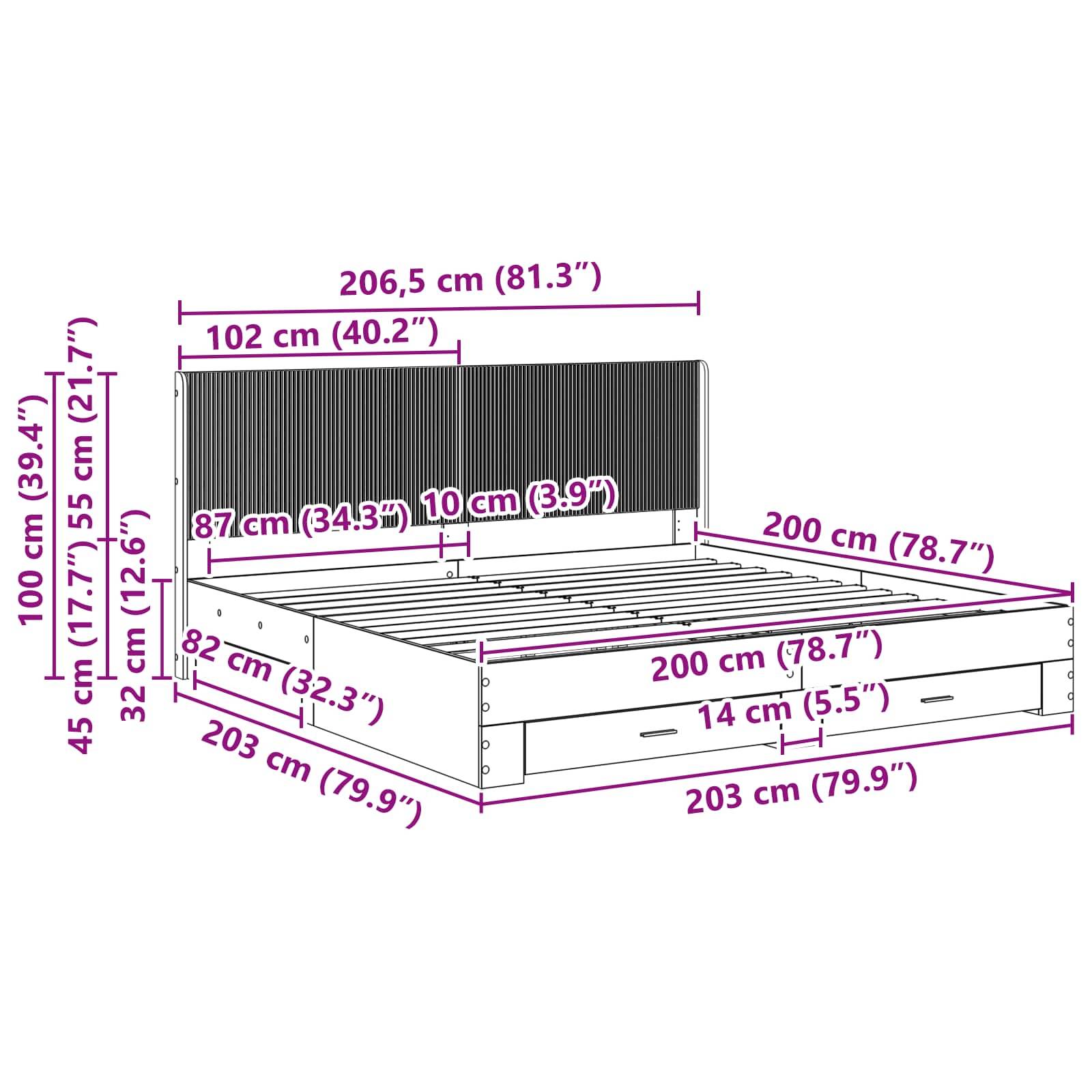 Annotiertes Bettgrößen-Diagramm mit einem Bettgestell mit Kopfteil, Gesamtgröße gekennzeichnet als 206,5 cm breit mal 203 cm lang und 100 cm hoch, plus innere Abmessungen.