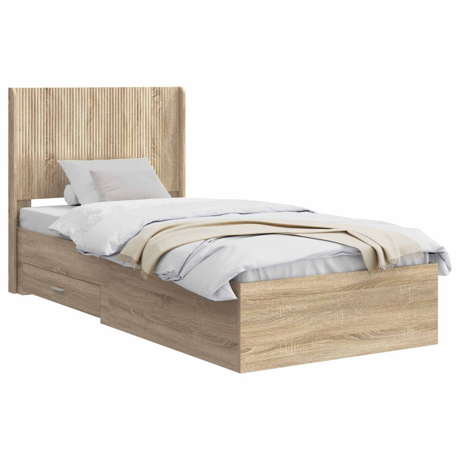 Holzbett für zwei Personen mit Kopfteil aus Lamellen, bezogen mit weißer Bettwäsche und einer beige Wolldecke vor weißem Hintergrund.