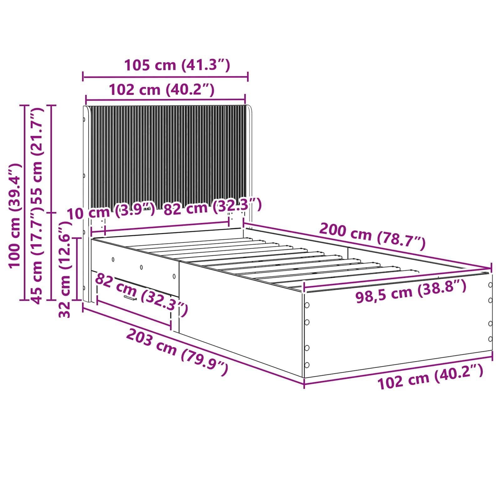 Maßstabzeichnung eines Bettes mit Lattenrost und Kopfteil, das die Gesamtgröße von 203 x 102 cm zeigt, eine Kopfteilhöhe von 100 cm und weitere gekennzeichnete Messungen.
