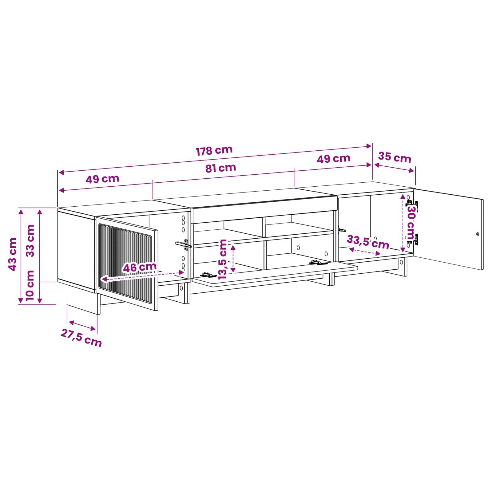 Dimensioniertes Diagramm eines TV-Konsolenschranks mit zwei Türen und offenen Regalen, mit Gesamtabmessungen von 178 cm Breite, 43 cm Höhe und 35 cm Tiefe, mit inneren Schnittmaßen.
