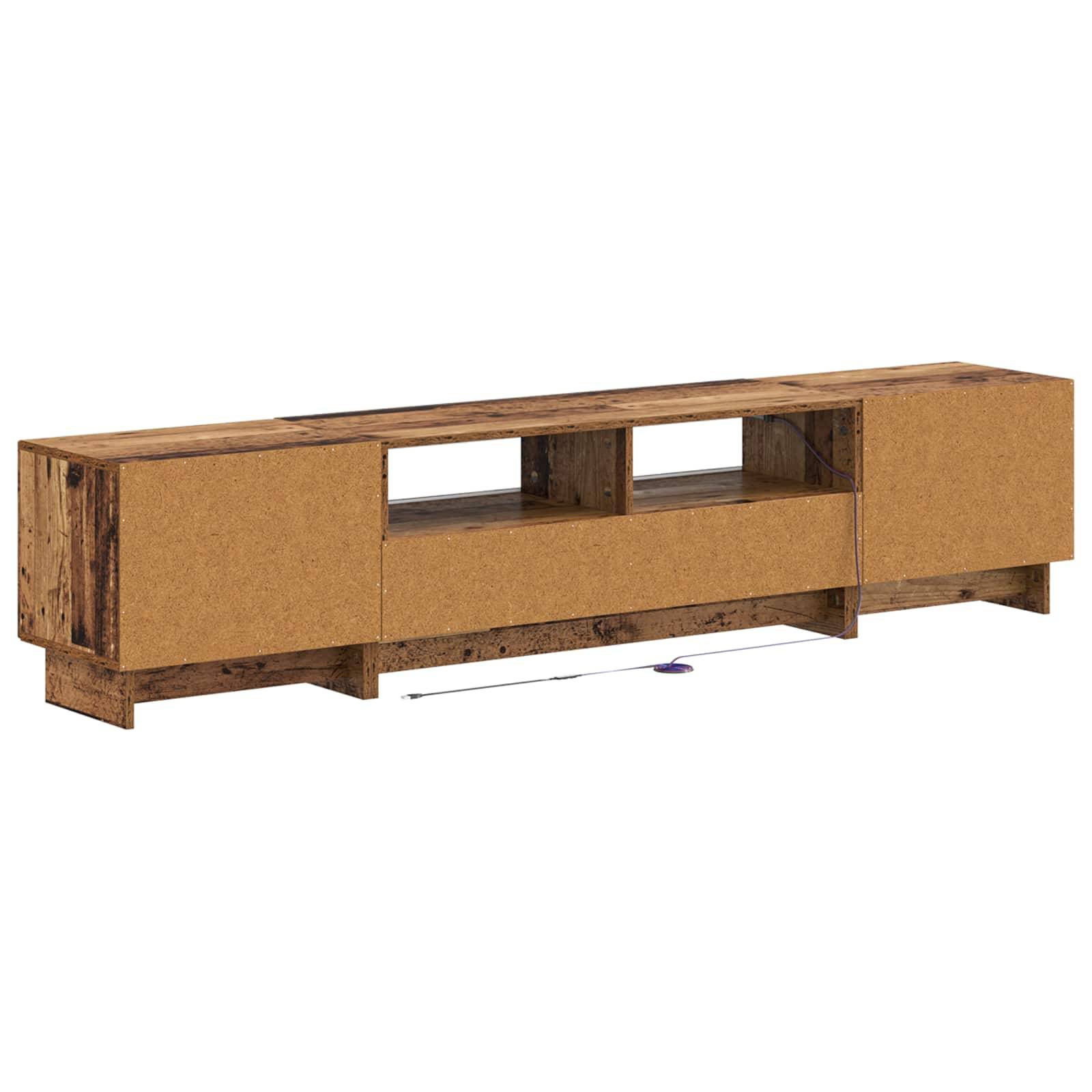 Langer Holz-Fernsehständer mit korkähnlichen Schranktüren, offenen mittleren Regalen und niedriger Basis auf weißem Hintergrund.