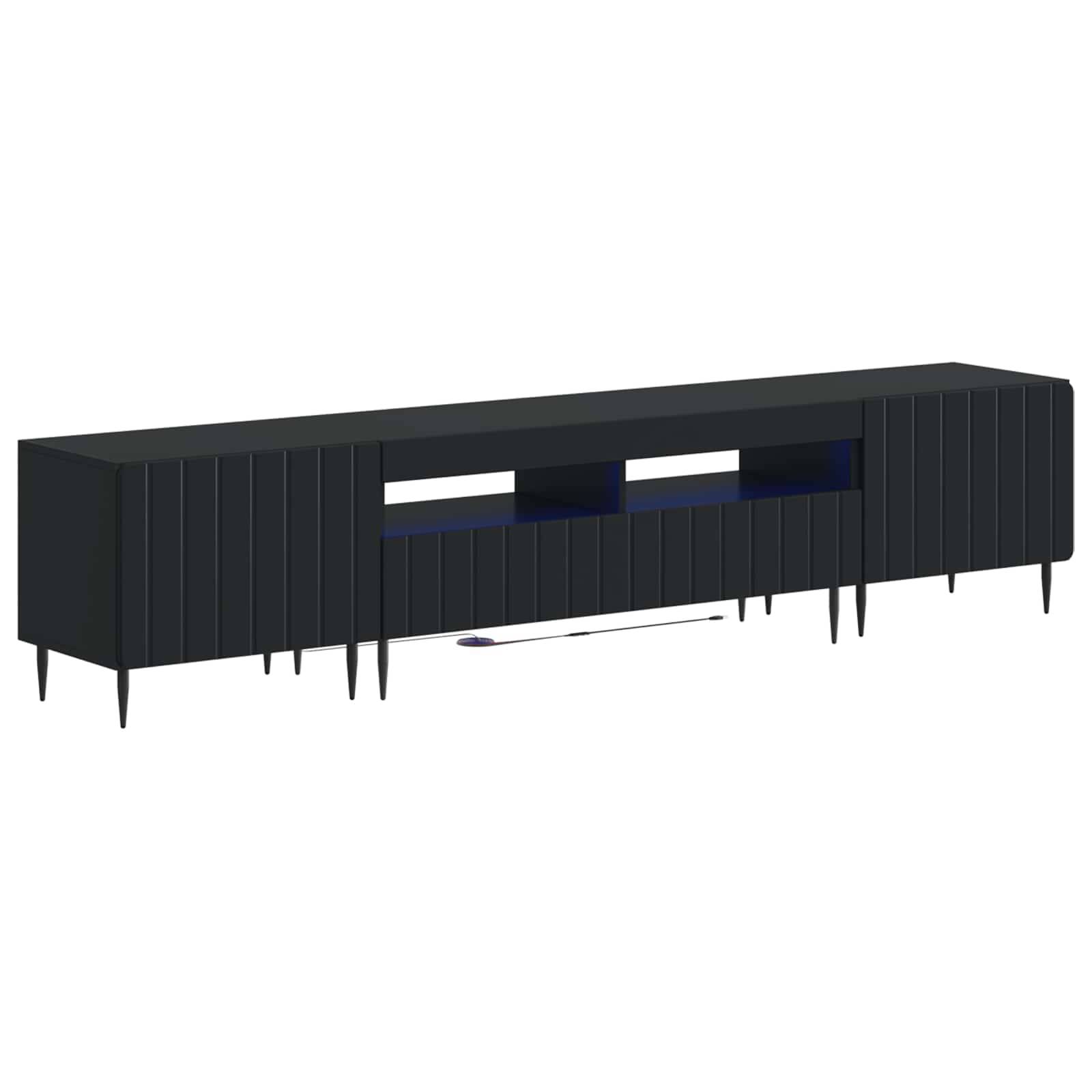 Modernes schwarzes Sideboard mit länglicher rechteckiger Form, schlanken verjüngten Beinen und zwei offenen mittleren Regalen mit weißem Rückwand.