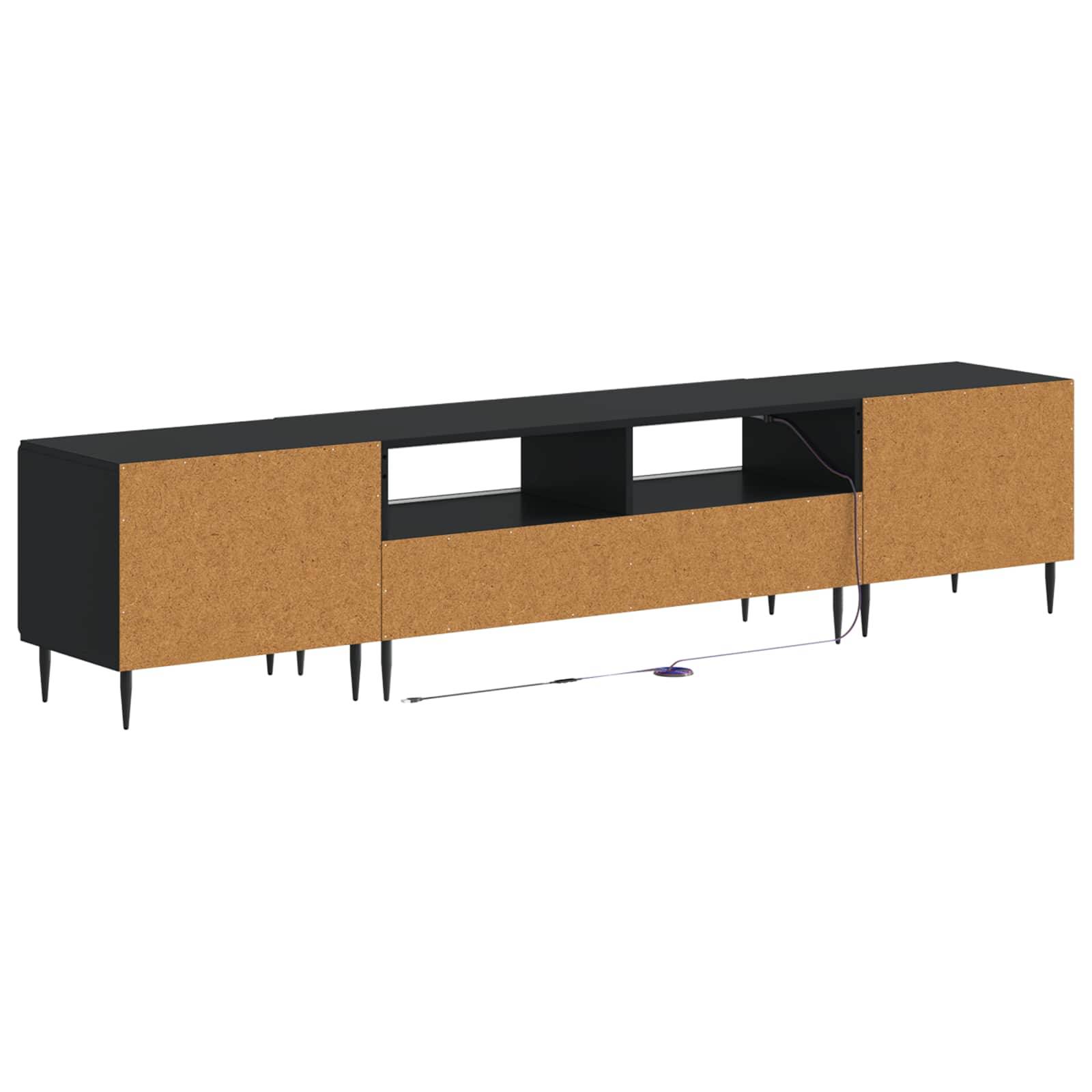 Modernes, langes, flaches Sideboard mit schwarzer Oberseite und Seitenwänden, beige Türen, offene Mittelregale und spitz zulaufende Beine auf weißem Hintergrund.