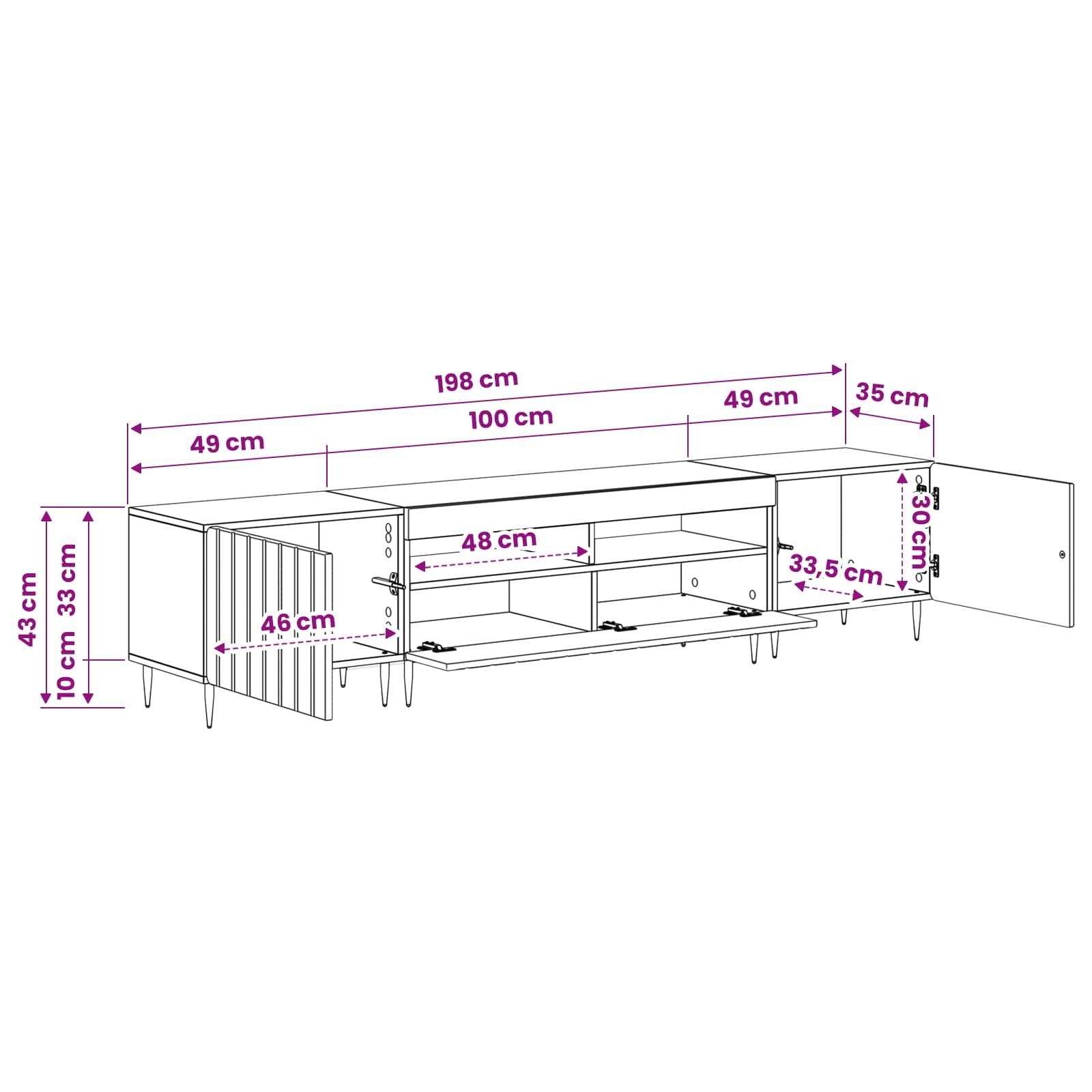 Bemaßte Zeichnung eines niedriger Sideboards/Schranks mit offenen Regalen und Türen, zeigt Gesamtbreite 198 cm, Höhe 43 cm und Fachabteilungstiefen von 30 bis 49 cm.