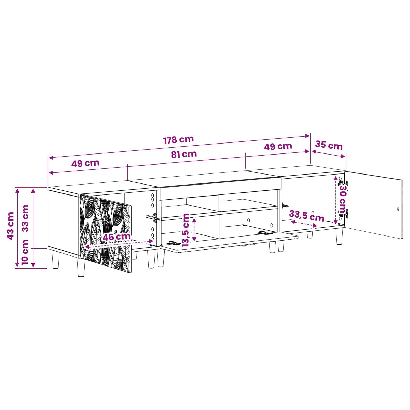 Diagramm eines Fernsehständers mit Schranktüren und Regalen, mit Abmessungen: 178 cm breit, 43 cm hoch, 49 cm tief, mit beschrifteten Kompartimentmaßen.