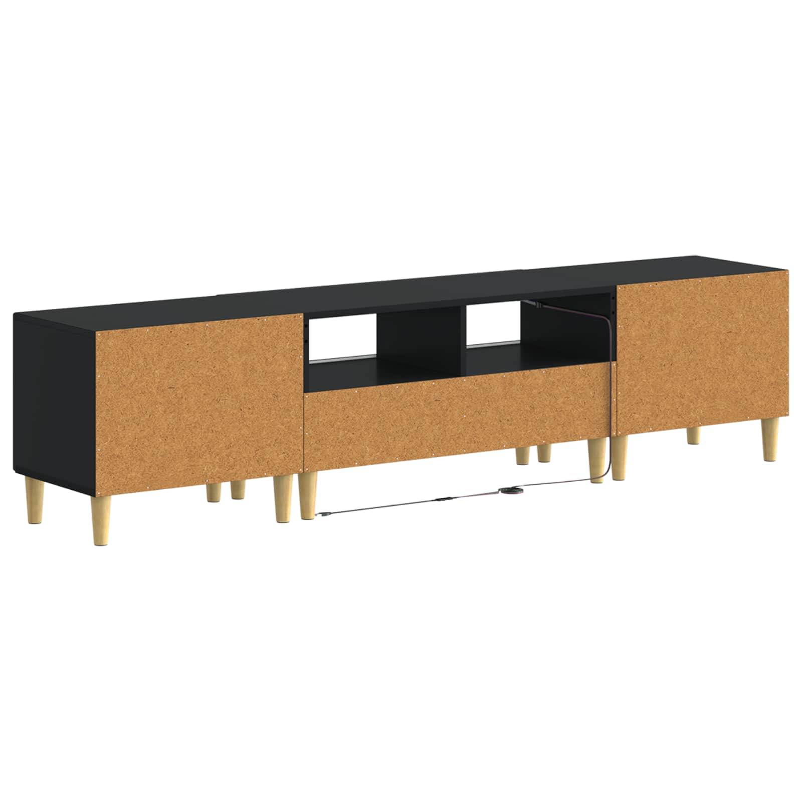 Modernes niedriges Medienschrank mit schwarzer Oberseite und Seitenwänden, korkfarbenen Frontpaneelen, offenen mittleren Regalen und goldenen konischen Beinen auf weißem Hintergrund.