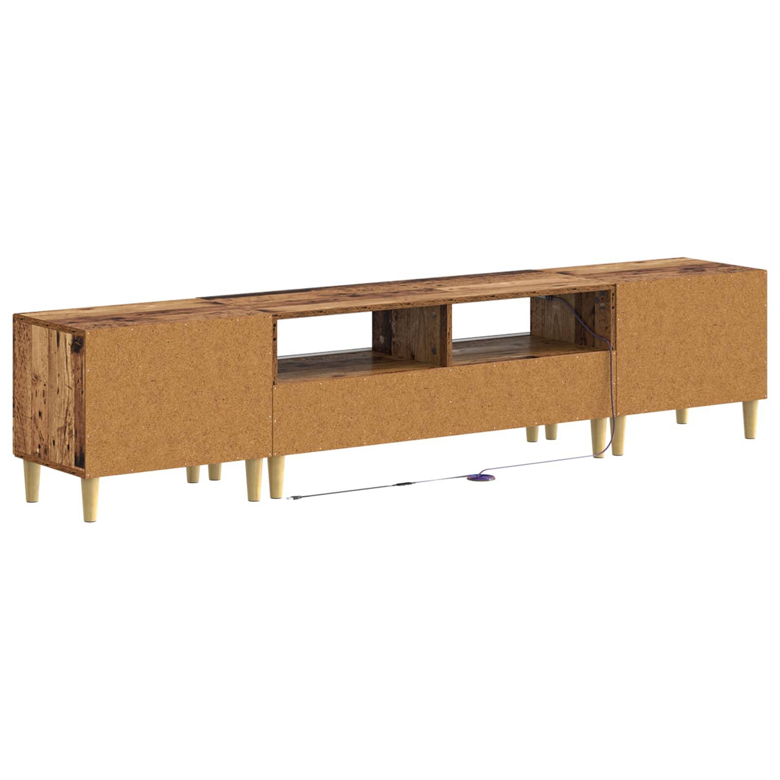 Lange niedrige Holzkommode mit korkähnlichen Türen, offenen mittleren Regalbrettern und sich verjüngenden Goldbeinen auf weißem Hintergrund.