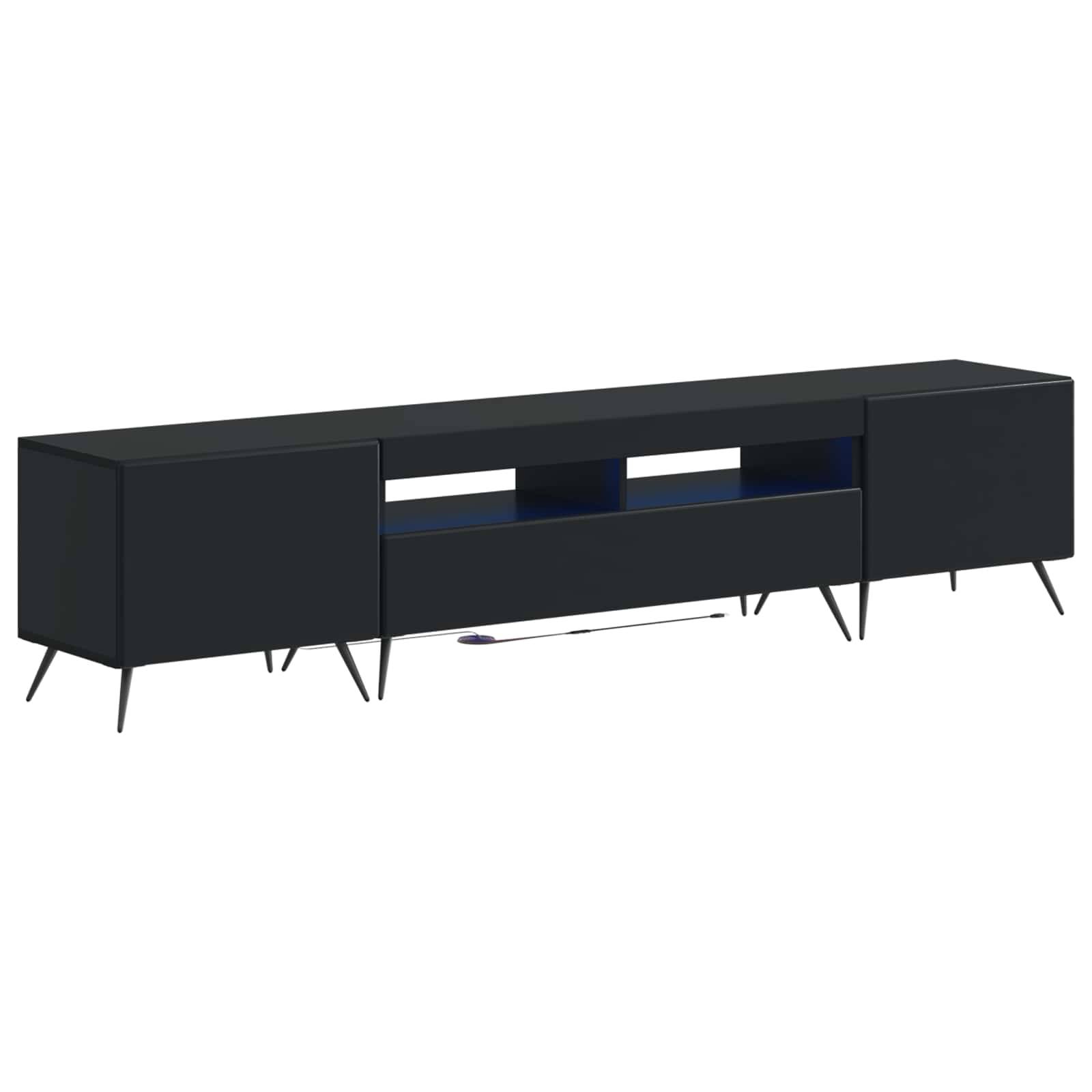 Modernes schwarzes TV-Sideboard mit vier Schrankfächern, offenen mittleren Regalboden und schlanken geneigten Beinen auf weißem Hintergrund.