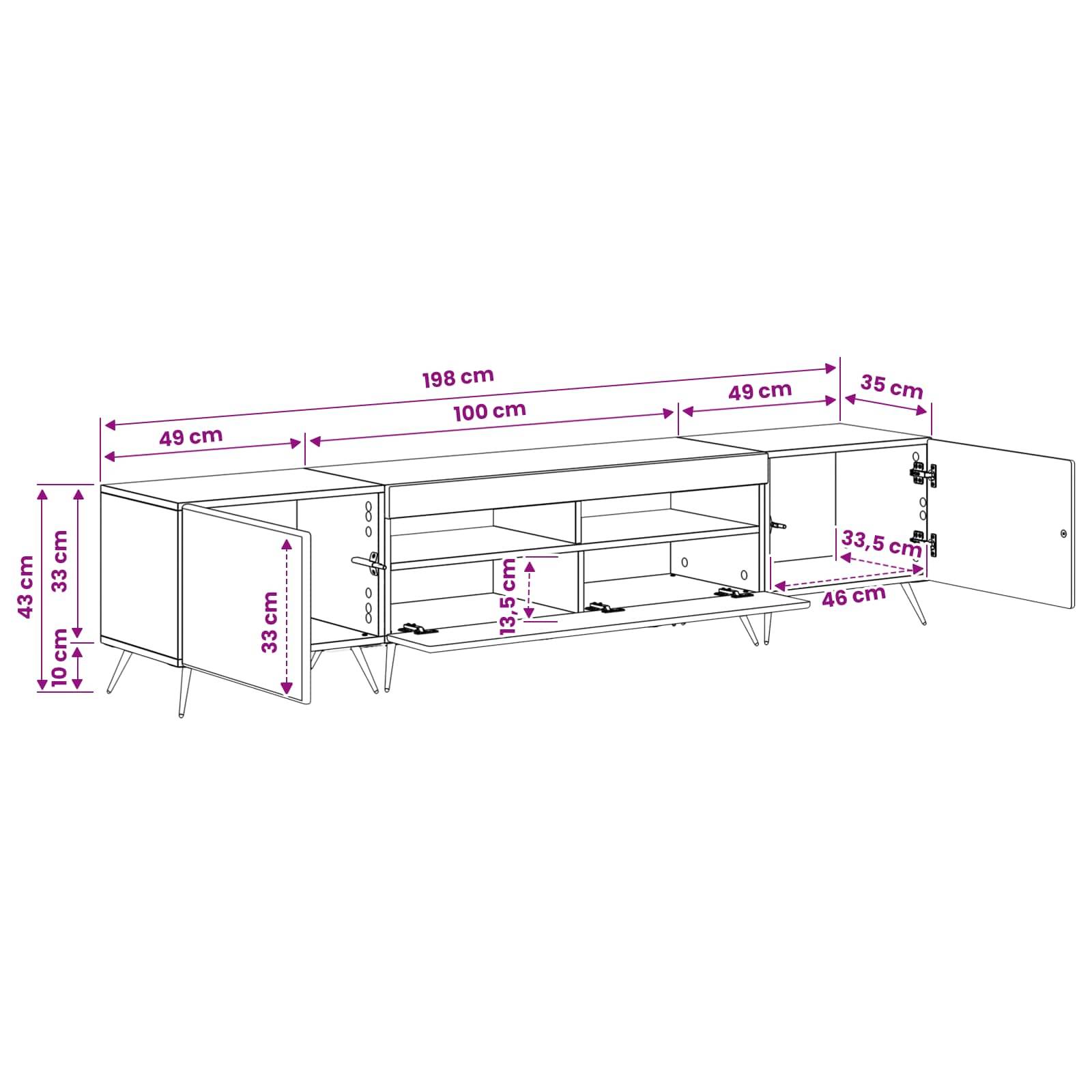 Maßstabgerechte Zeichnung eines niedrigen Sideboard-Schranks mit zwei Kllapptüren, offenen Regalen und zwei mittleren Fächern, beschriftet mit 198 cm Breite, 43 cm Höhe und 35 cm Tiefe.