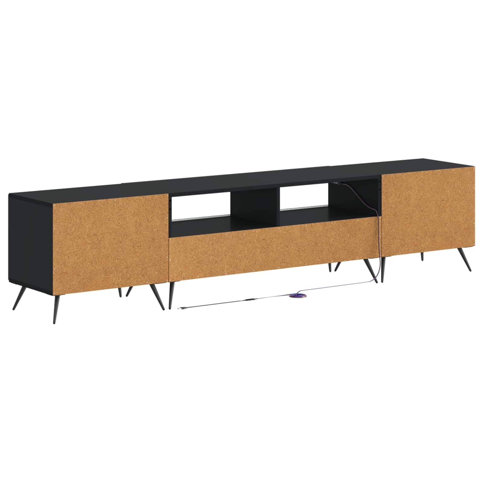Modernes niedriges TV-Lowboard mit schwarzem Rahmen, korkfarbenen Schrankfronten, offenen mittleren Regalbrettern und schrägen Beinen auf weißem Hintergrund.