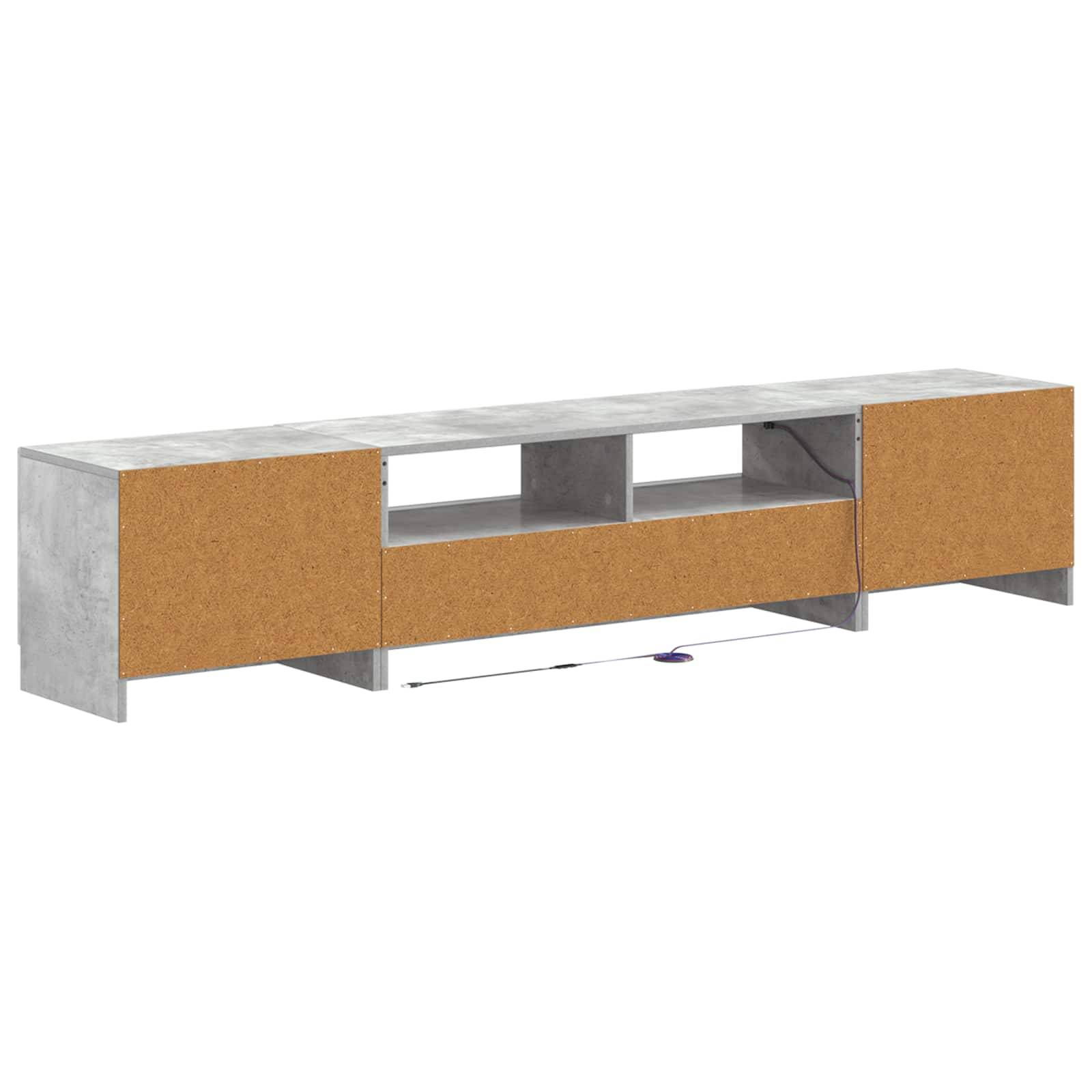 Moderner niedriger Medienkonsole mit betonoptik Oberseite und Seitenseiten, hellbeige Schrankfronten, offene mittlere Regale und längliche rechteckige Form.