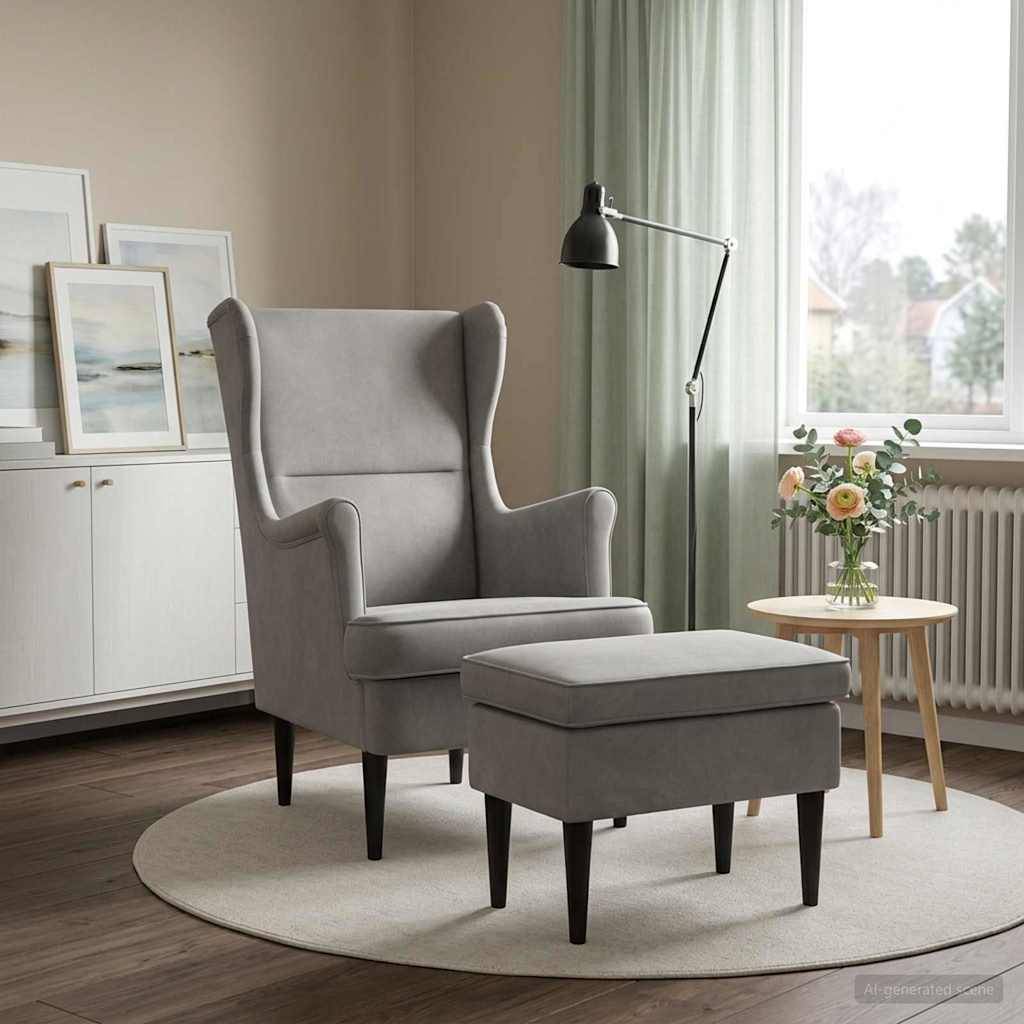 Grauer Ohrensessel mit passendem Sitzkissen auf einem runden Teppich in einem hellen Wohnzimmer neben einem Beistelltisch mit Blumen und einer Stehlampe.
