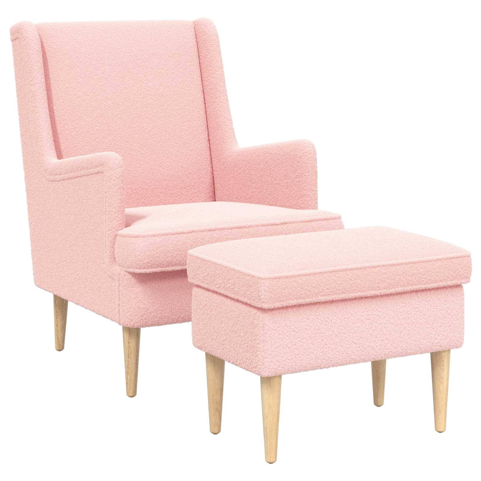Rosa gepolsterter Sessel mit passendem Hocker auf Holzbeinen, abgebildet auf weißem Hintergrund.
