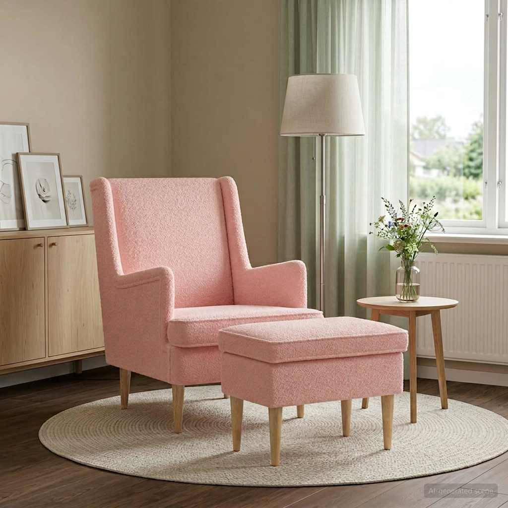 Roséfarbener Polstersessel mit passendem Fußhocker auf einem runden Teppich neben einem Beistelltisch und einer Lampe in einem hellen Wohnzimmer.