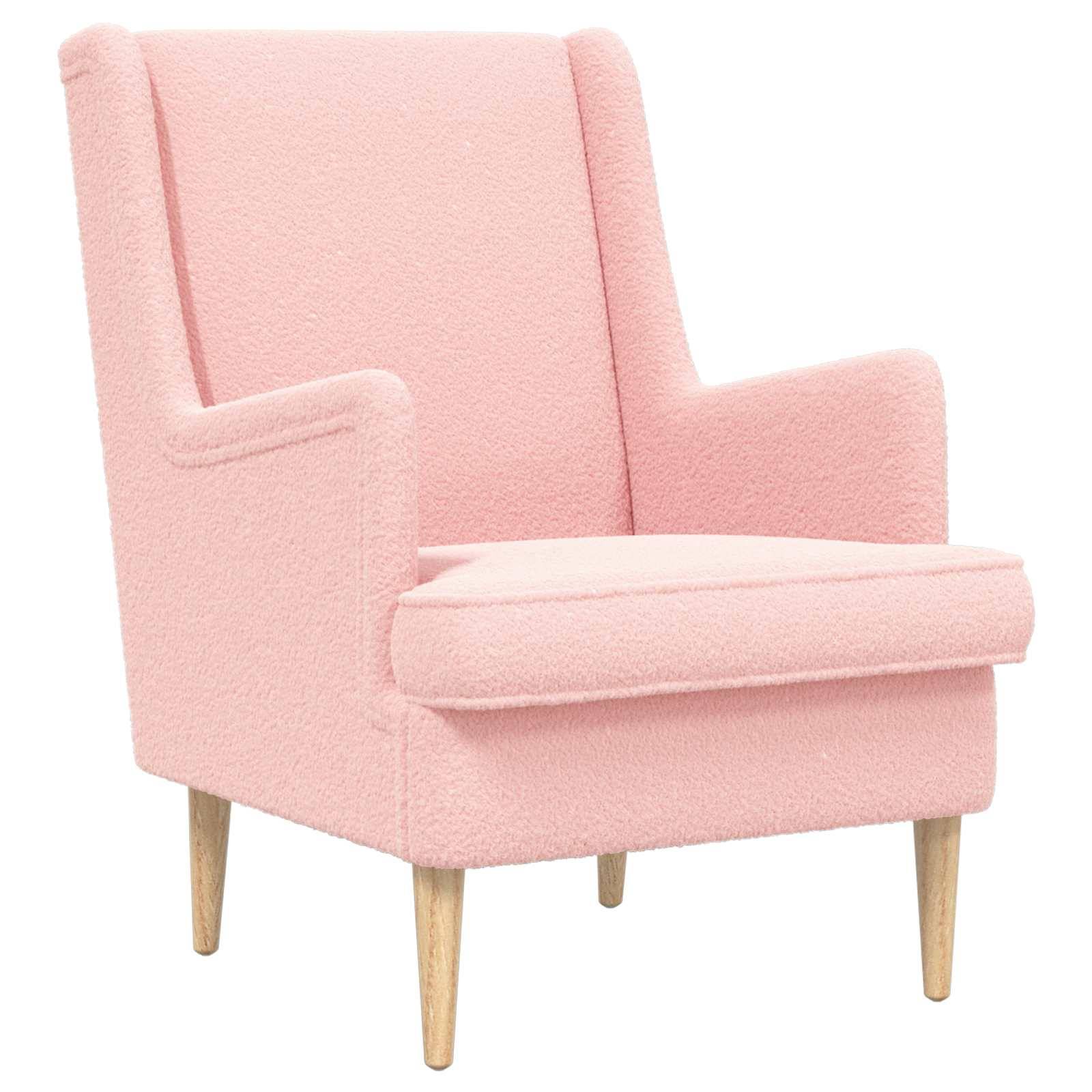 Rosa gepolsterter Sessel mit Holzbeinen auf weißem Hintergrund.