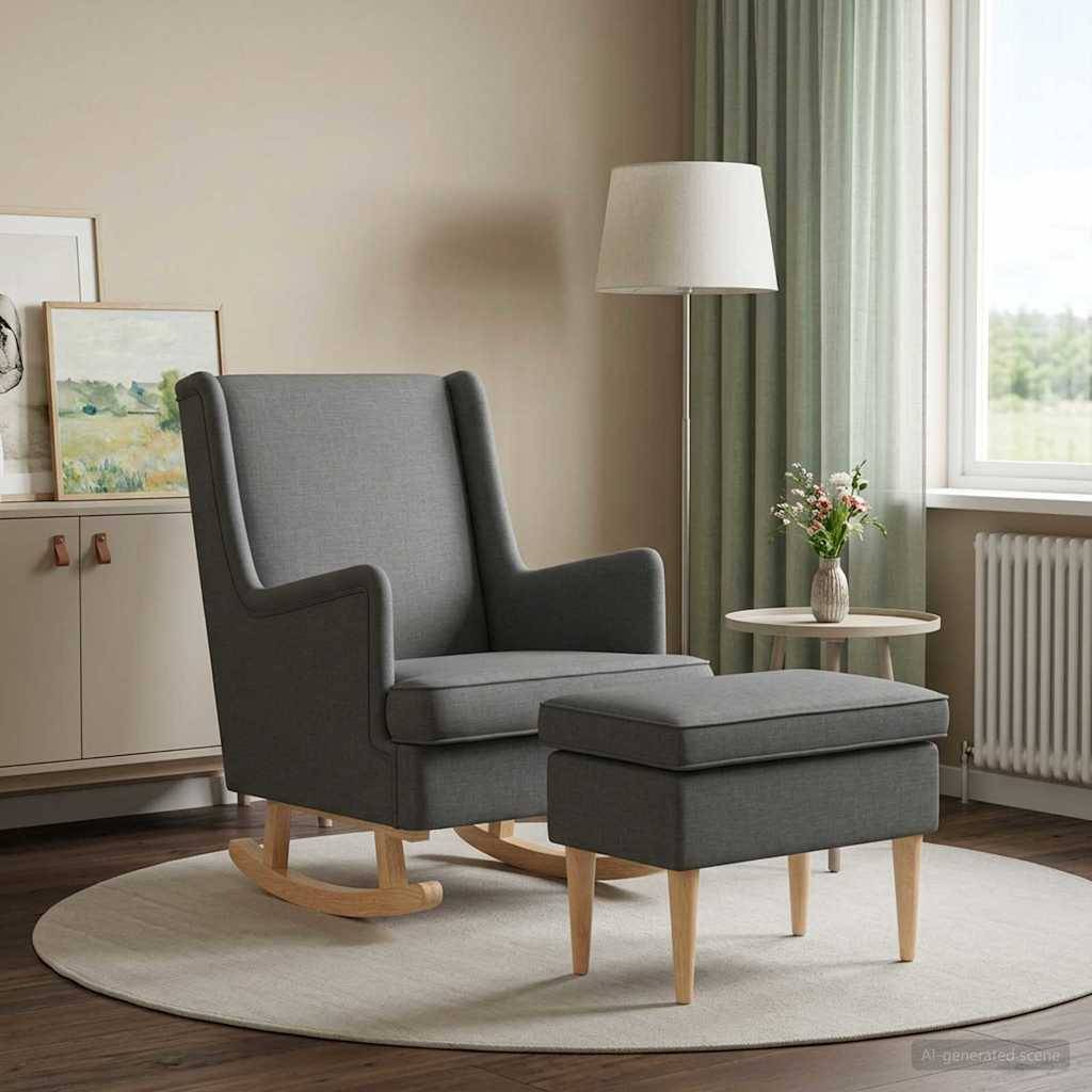 Grauer gepolsterter Sessel mit passendem Hocker auf einem runden Teppich in einem hellen Wohnzimmer, neben einem Beistelltisch, einer Lampe und einem Fenster.