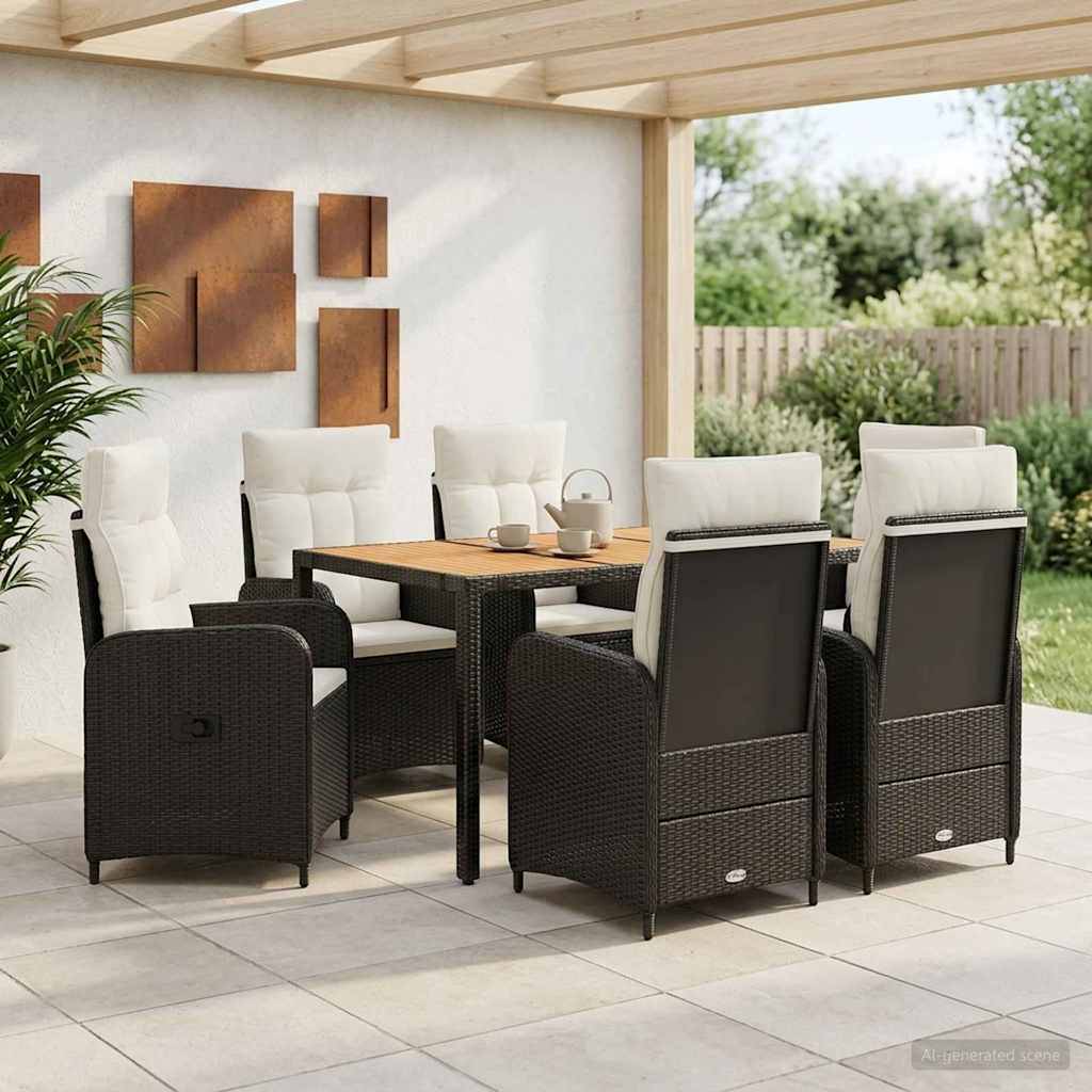 Gartenmöbel-Set mit Esstisch für den Außenbereich, bestehend aus einem quadratischen Tisch und sechs gepolsterten Stühlen unter einer überdachten Terrasse.