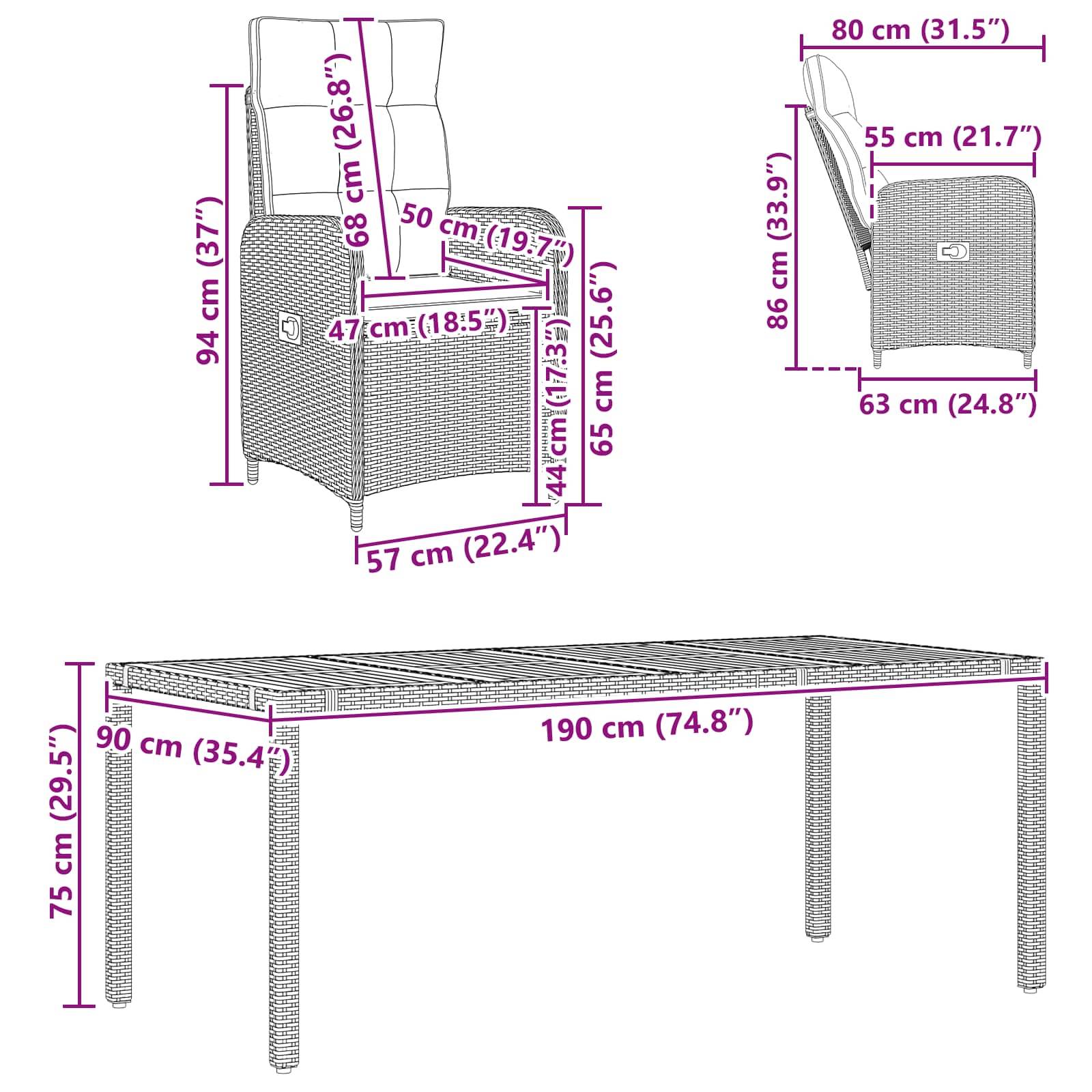 Bemessenes Produktdiagramm eines Korbstuhls und eines passenden Tisches mit Größenmessungen in cm und Zoll für Höhe, Breite und Tiefe.