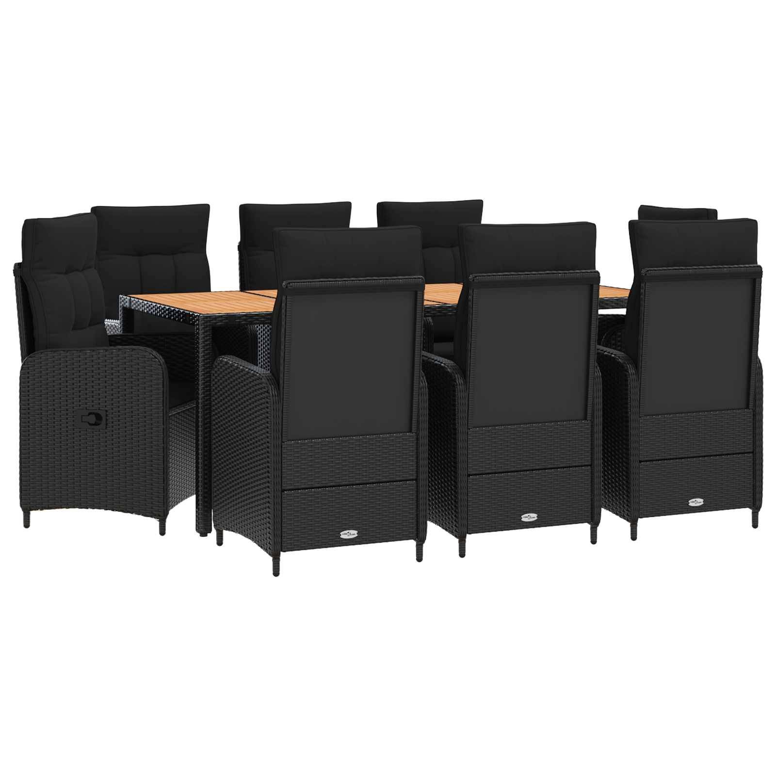 Schwarzes gewebtes Outdoor-Terrassendiningset mit gepolsterten Stühlen um einen rechteckigen Tisch