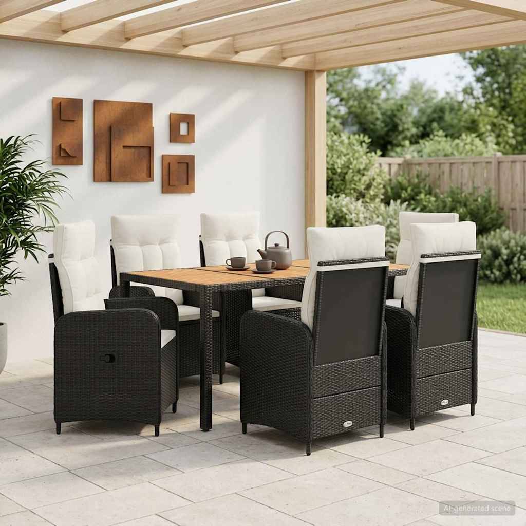 Esszimmer-Garnitur für die Terrasse mit sechs gepolsterten schwarzen Stühlen um einen quadratischen Tisch unter einer überdachten Pergola.