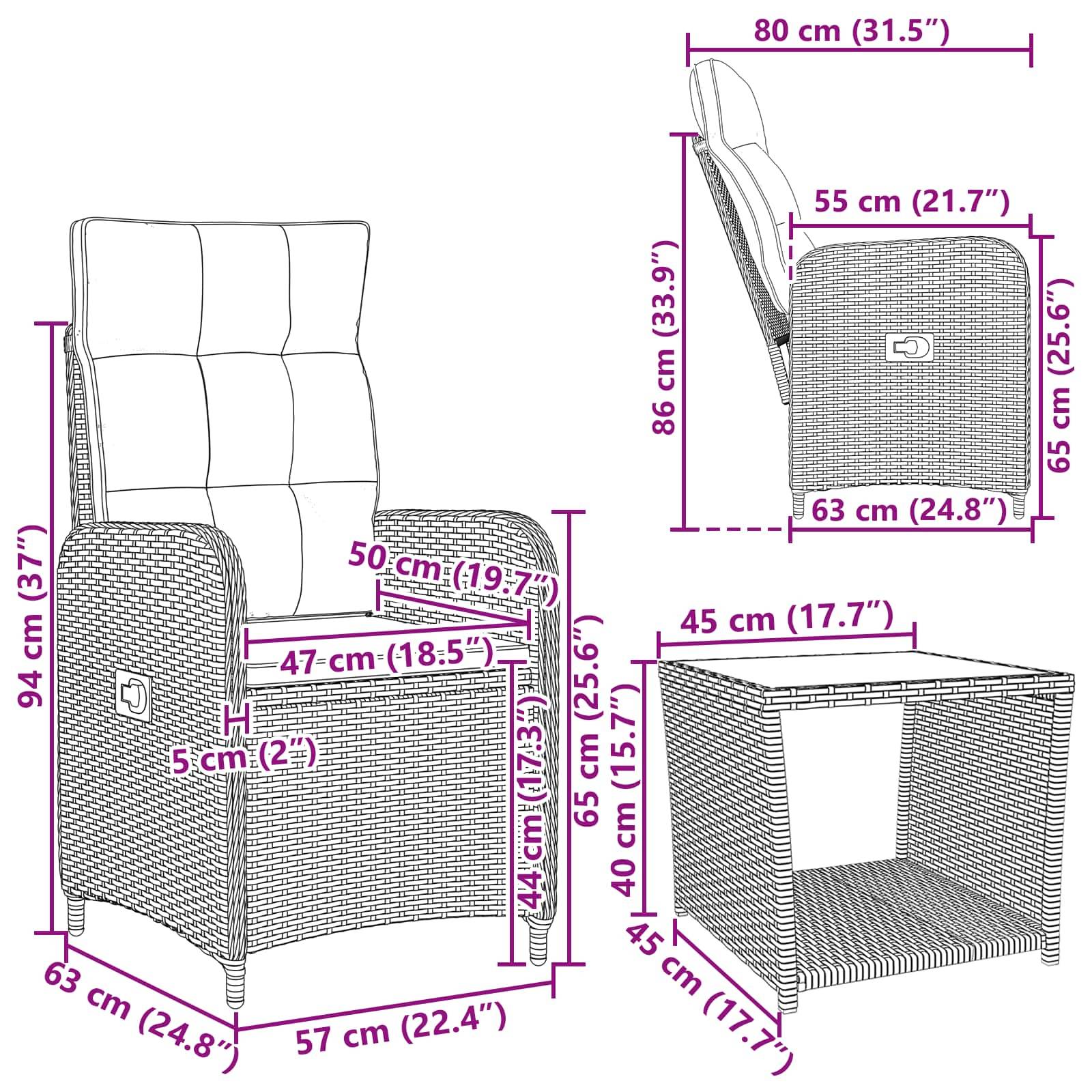 Maßzeichnung eines Korbmöbels Liegestuhls mit Kissen und passendem Beistelltisch, mit Vorder-, Seiten- und Draufsicht-Dimensionen in Zentimetern und Zoll.