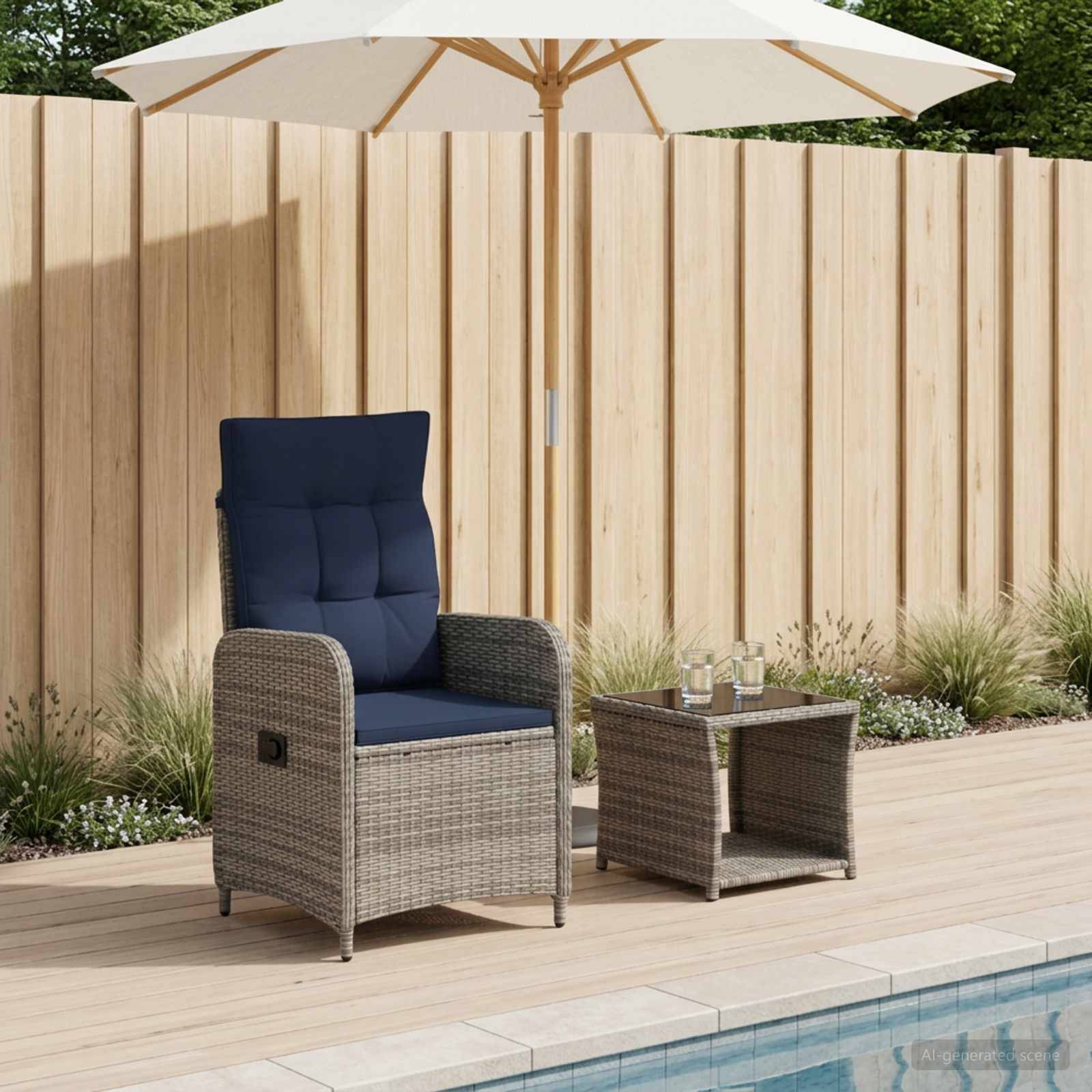Liegestuhl auf der Terrasse mit blauen Kissen unter einem weißen Sonnenschirm neben einem kleinen Beistelltisch, neben einem Pool und einem Holzzaun.