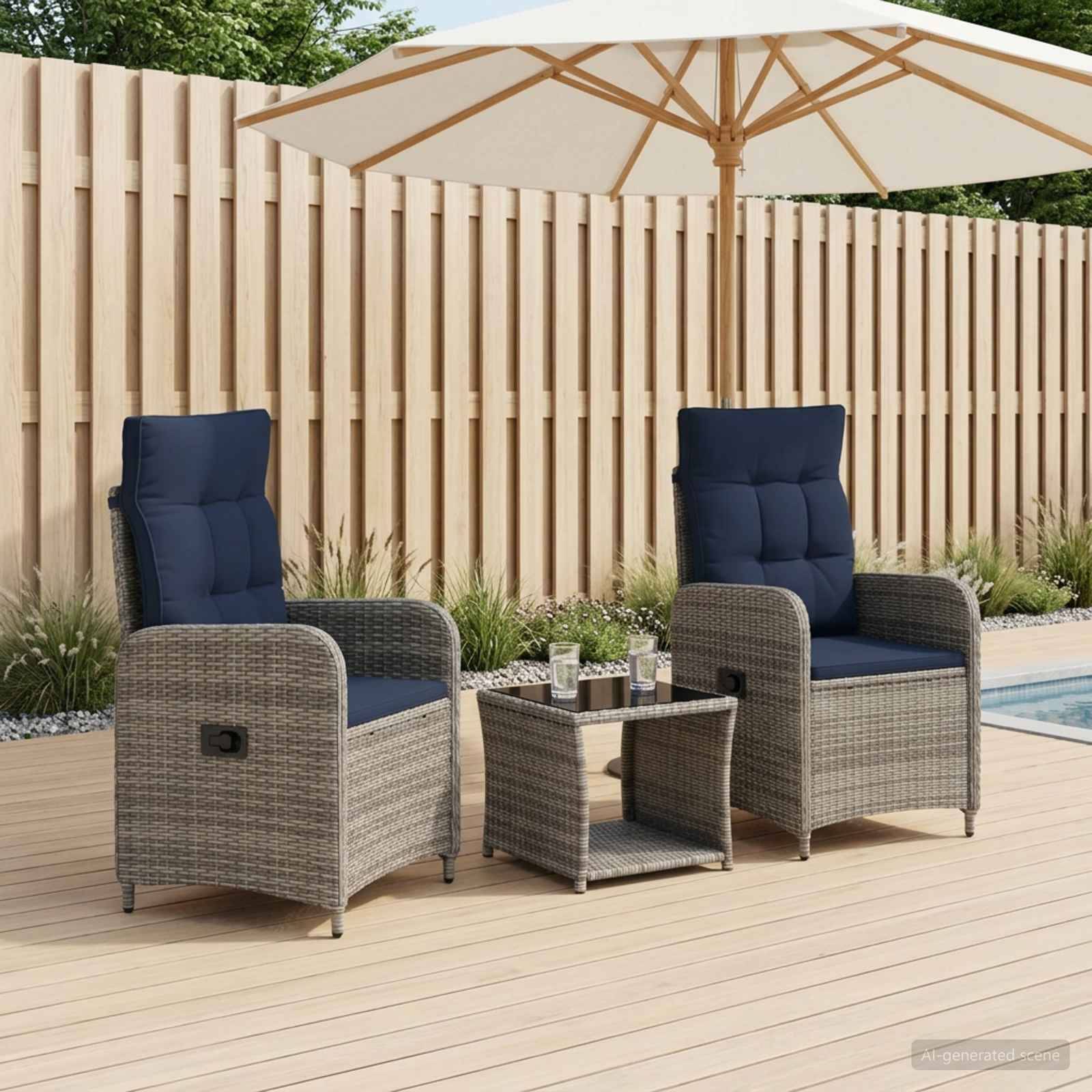 Zwei gepolsterte Korbliegen mit einem kleinen Tisch und einem Sonnenschirm neben einem Pool auf einer Holzterrasse.
