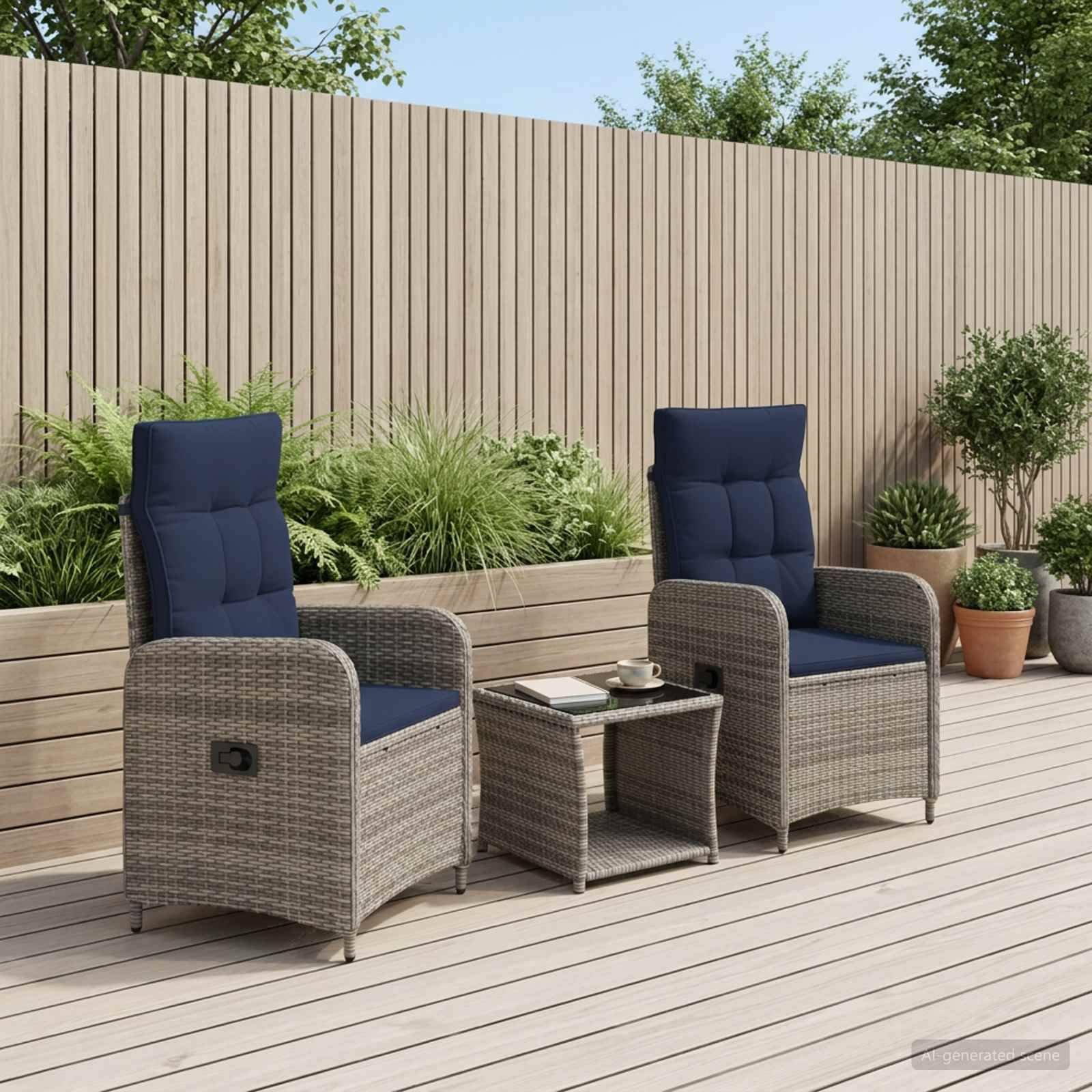 Zwei Korbsessel mit marineblauen Kissen und ein kleiner passender Beistelltisch stehen auf einer modernen Holzterrasse mit Topfpflanzen und einem Zaun.