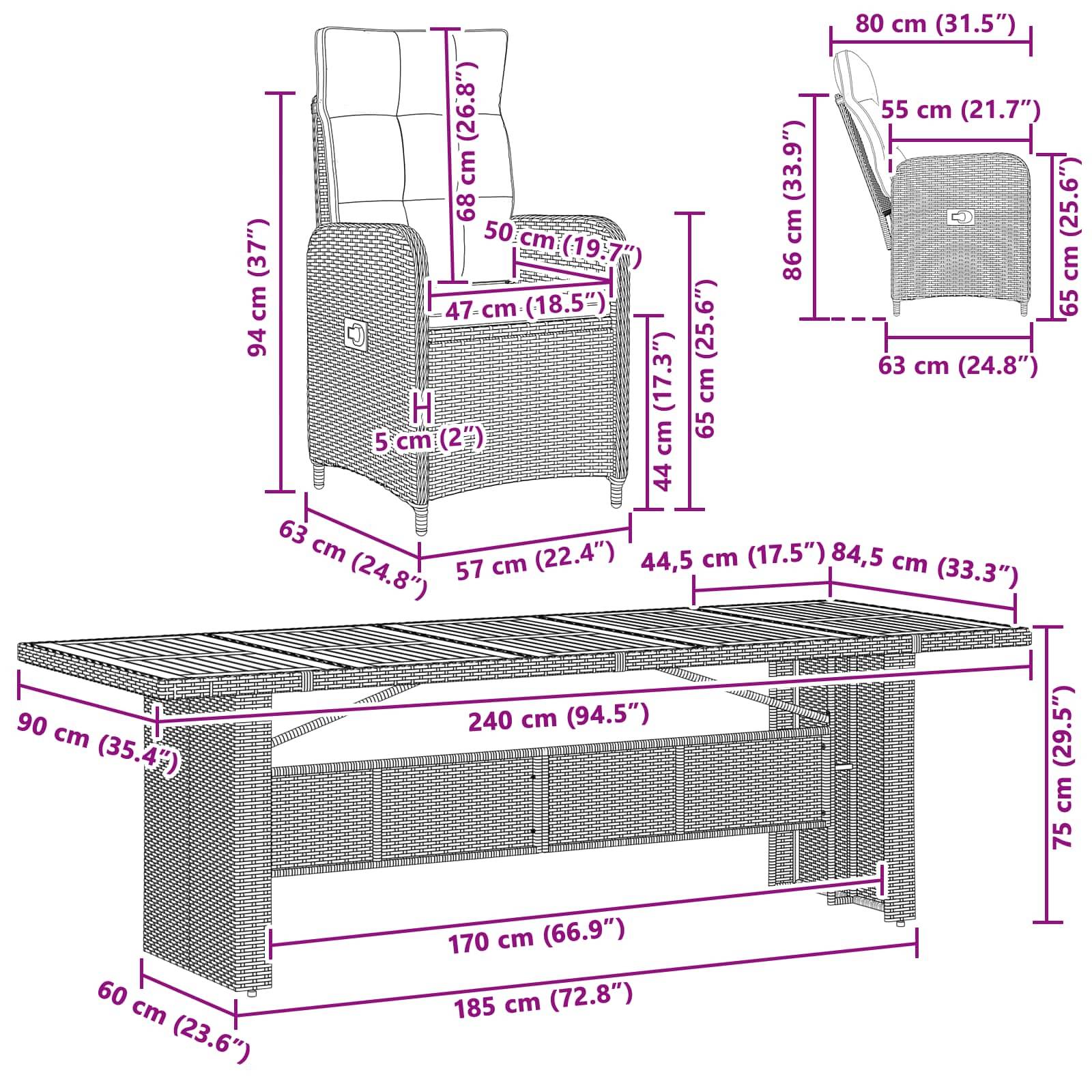 Dimensioniertes Outdoor-Rattanmöbel-Set zum Speisen mit einem Sessel und rechteckigem Tisch mit Abmessungen in cm und Zoll für Größe, Höhe, Breite und Tiefe.