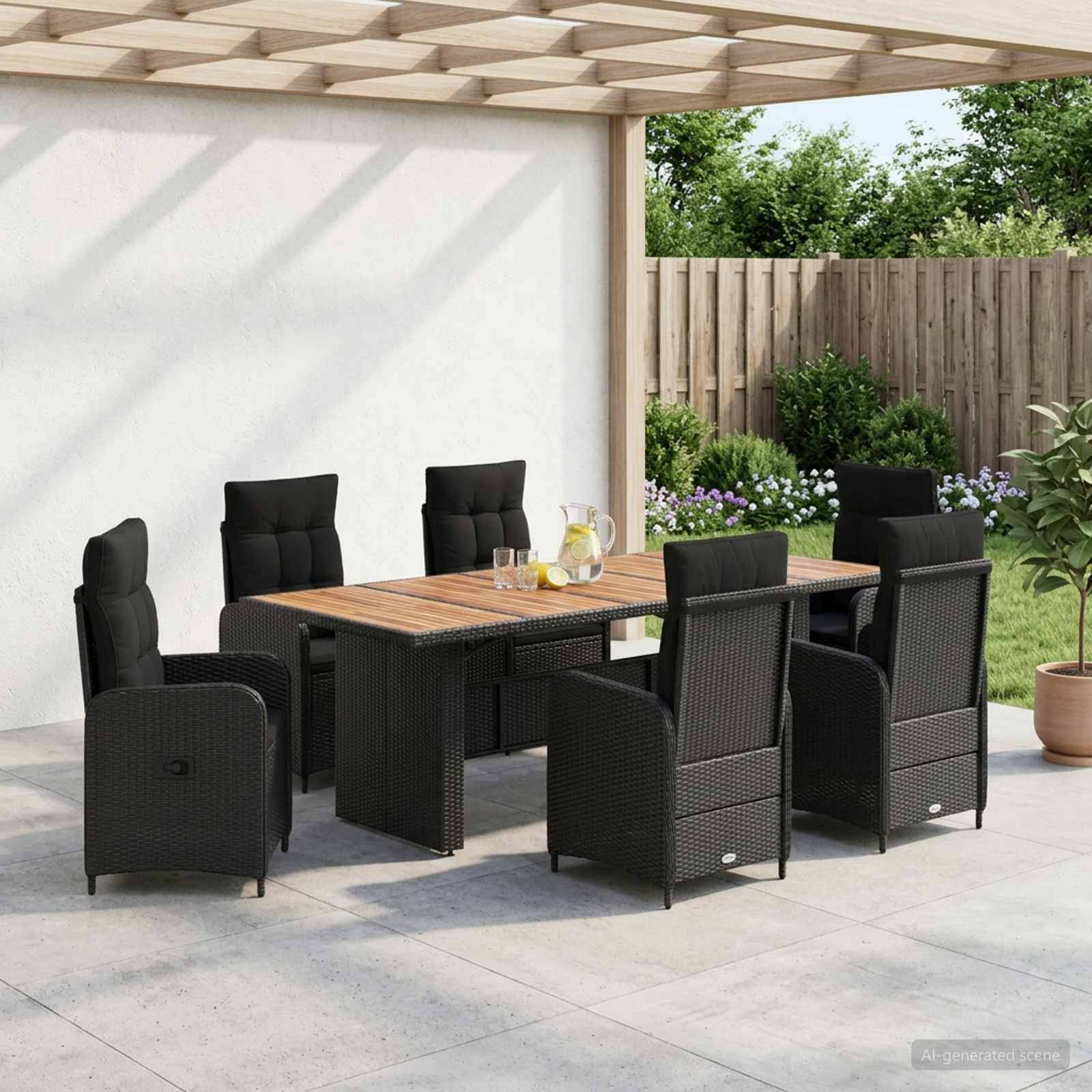 Speisegarnitur für die Terrasse mit sechs schwarzen Rattanstühlen um einen rechteckigen Holztisch unter einer Pergola in einer Gartenanlage