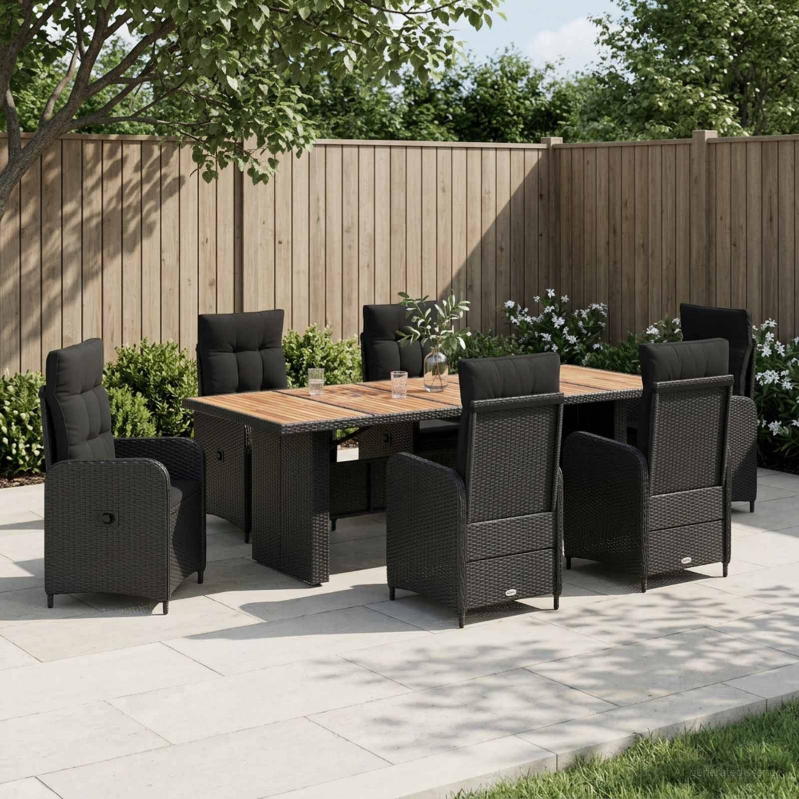 Outdoor-Esszimmergarnitur mit sechs schwarzen geflochtenen Stühlen um einen rechteckigen Tisch mit Holzplatte auf einer gepflasterten Terrasse neben einem Holzzaun und Grünflächen.