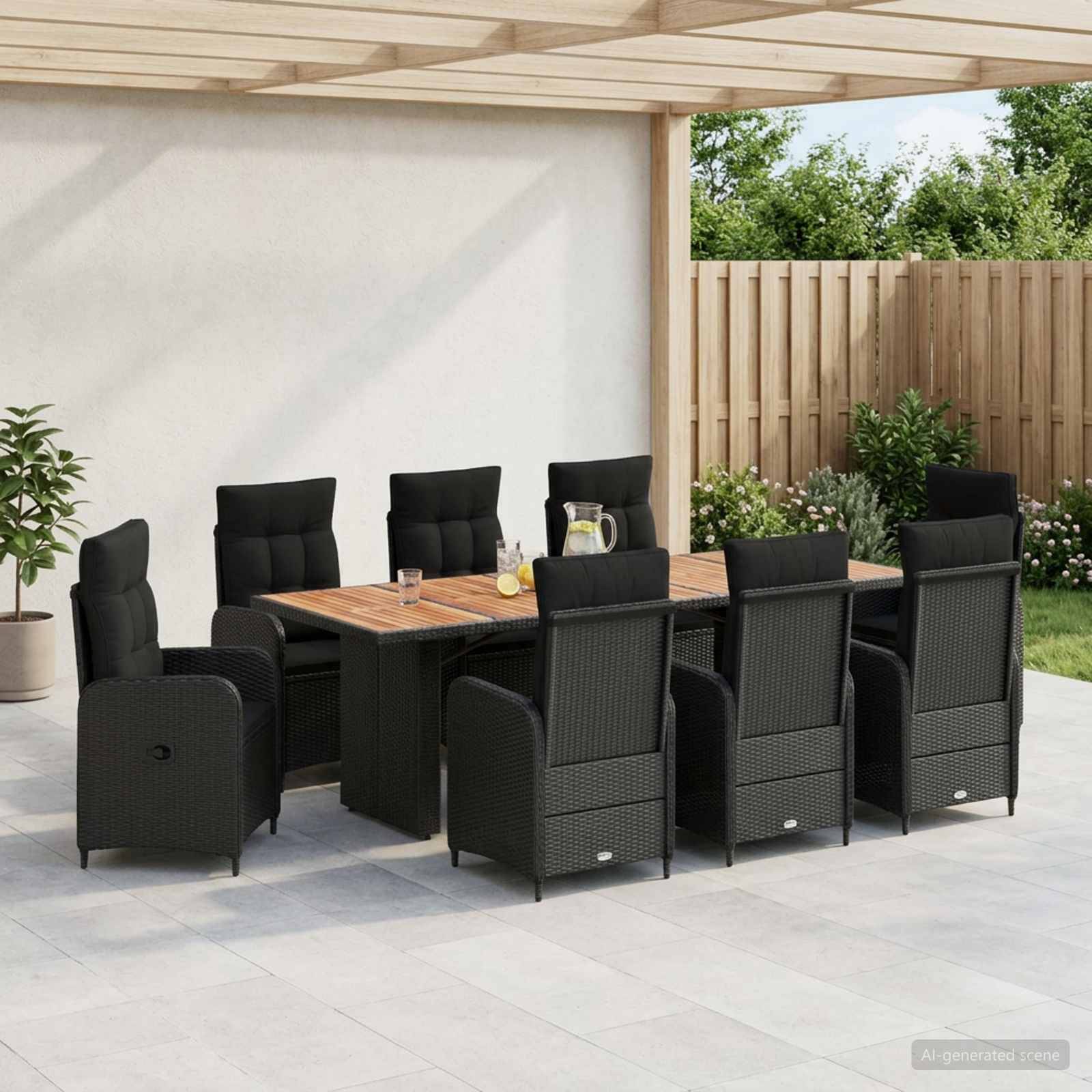 Esszimmer-Set für die Terrasse im Freien mit Holztisch, acht schwarzen gepolsterten Stühlen und einer Glaskanne unter einer überdachten Terrasse neben einem eingezäunten Garten.