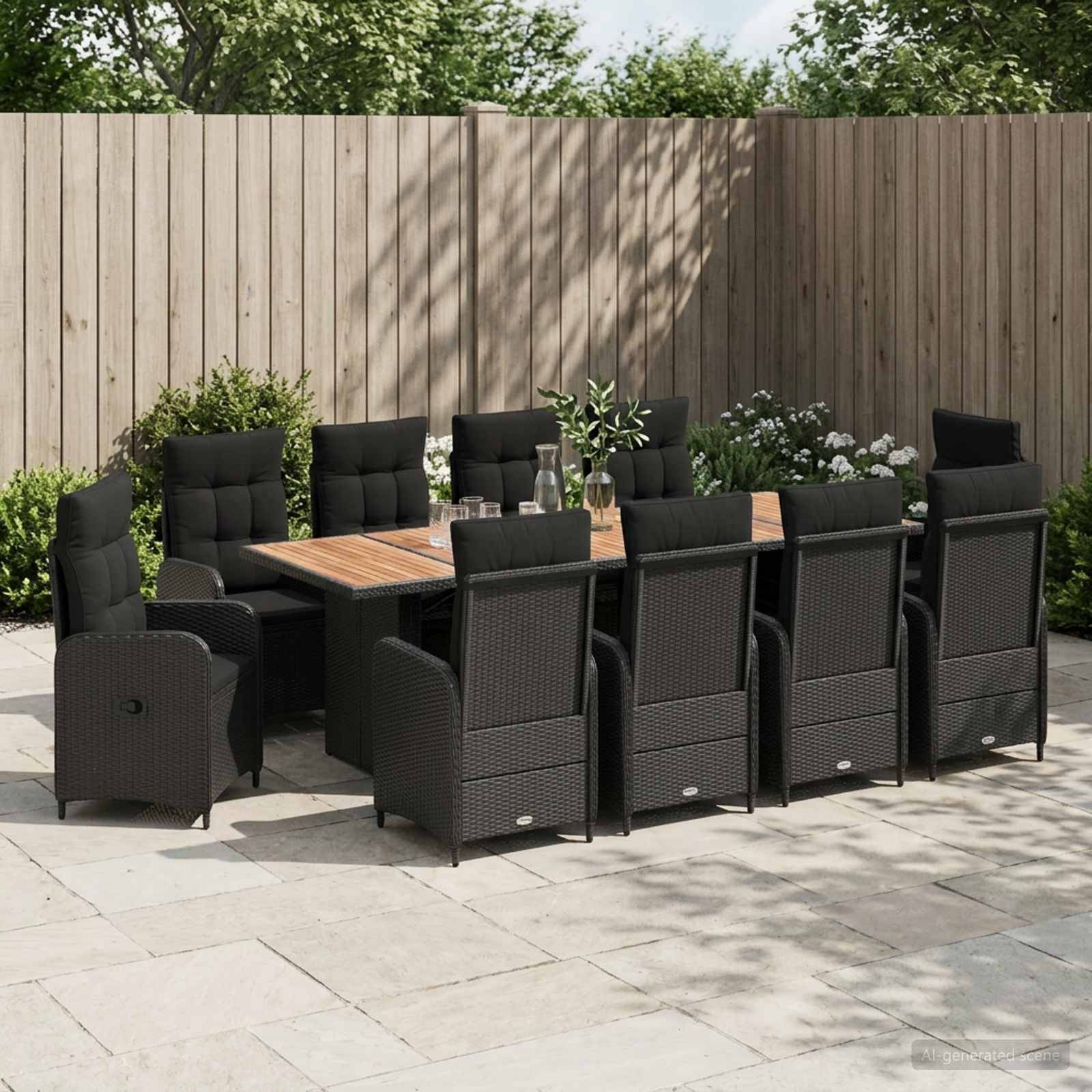Esszimmer-Set für die Terrasse mit einem rechteckigen Tisch mit Holzplatte, acht schwarzen geflochtenen Stühlen und einer Bank an einem Holzzaun