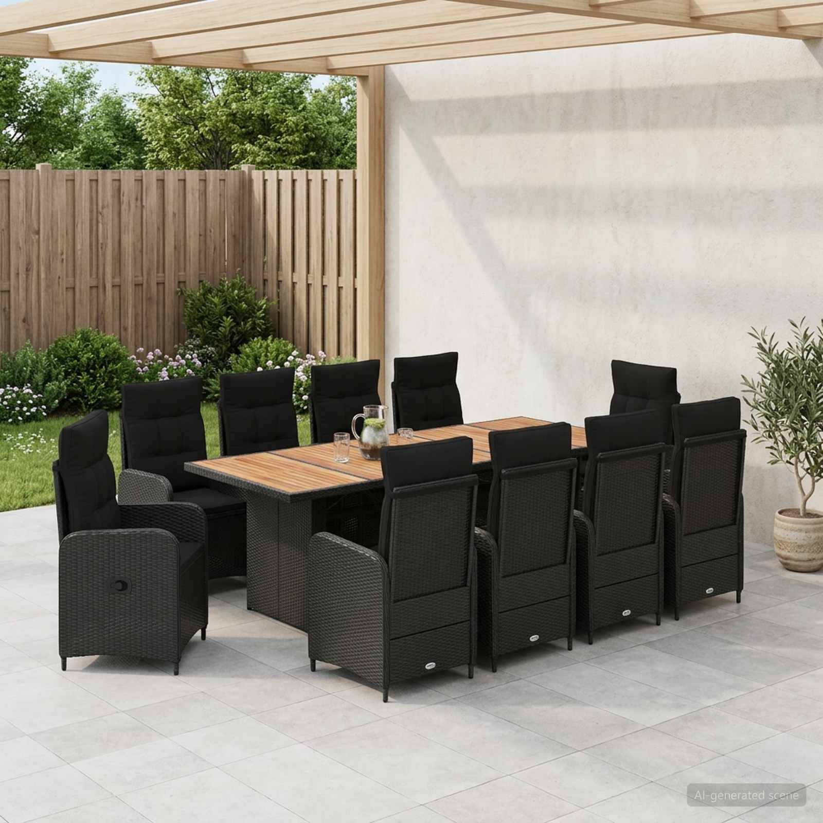Essbereich im Freien unter einer Pergola mit einem Holztisch, umgeben von schwarzen gepolsterten Stühlen auf einer gefliesten Terrasse.