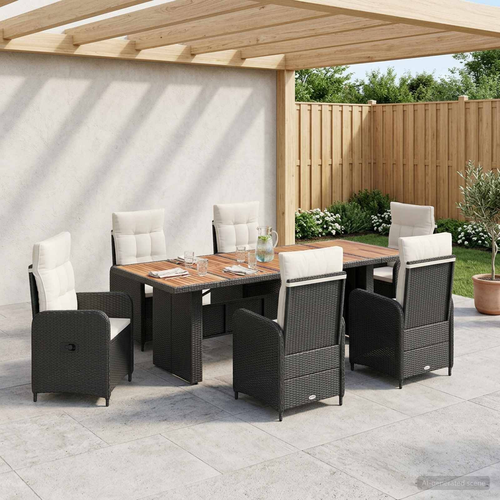 Outdoor-Essbereich unter einer Holzpergola mit einem rechteckigen Tisch und sechs gepolsterten Korbstühlen auf einer gepflasterten Terrasse.