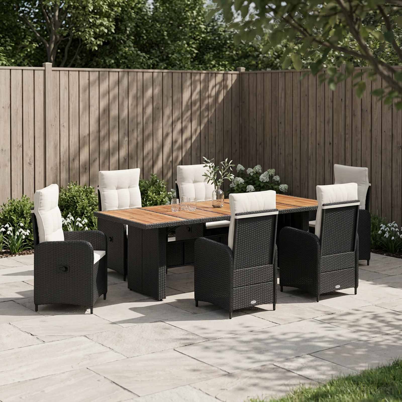 Gartenmöbel-Set für die Terrasse mit sechs gepolsterten Stühlen um einen rechteckigen Tisch auf einer Steinterrasse neben einem Holzzaun und Grünflächen.
