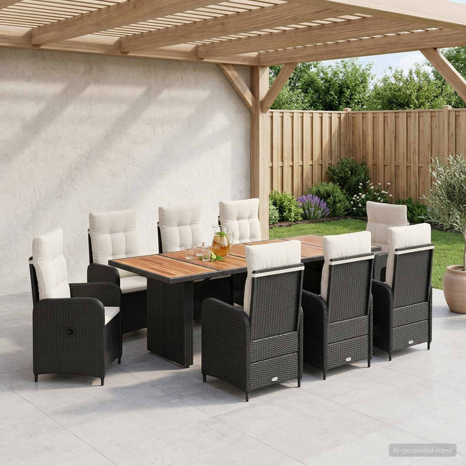 Speiseset für die Außenterrasse unter einer Pergola: rechteckiger Holztisch mit acht gepolsterten Korbstühlen auf einer gekachelten Terrasse neben einem eingezäunten Garten.