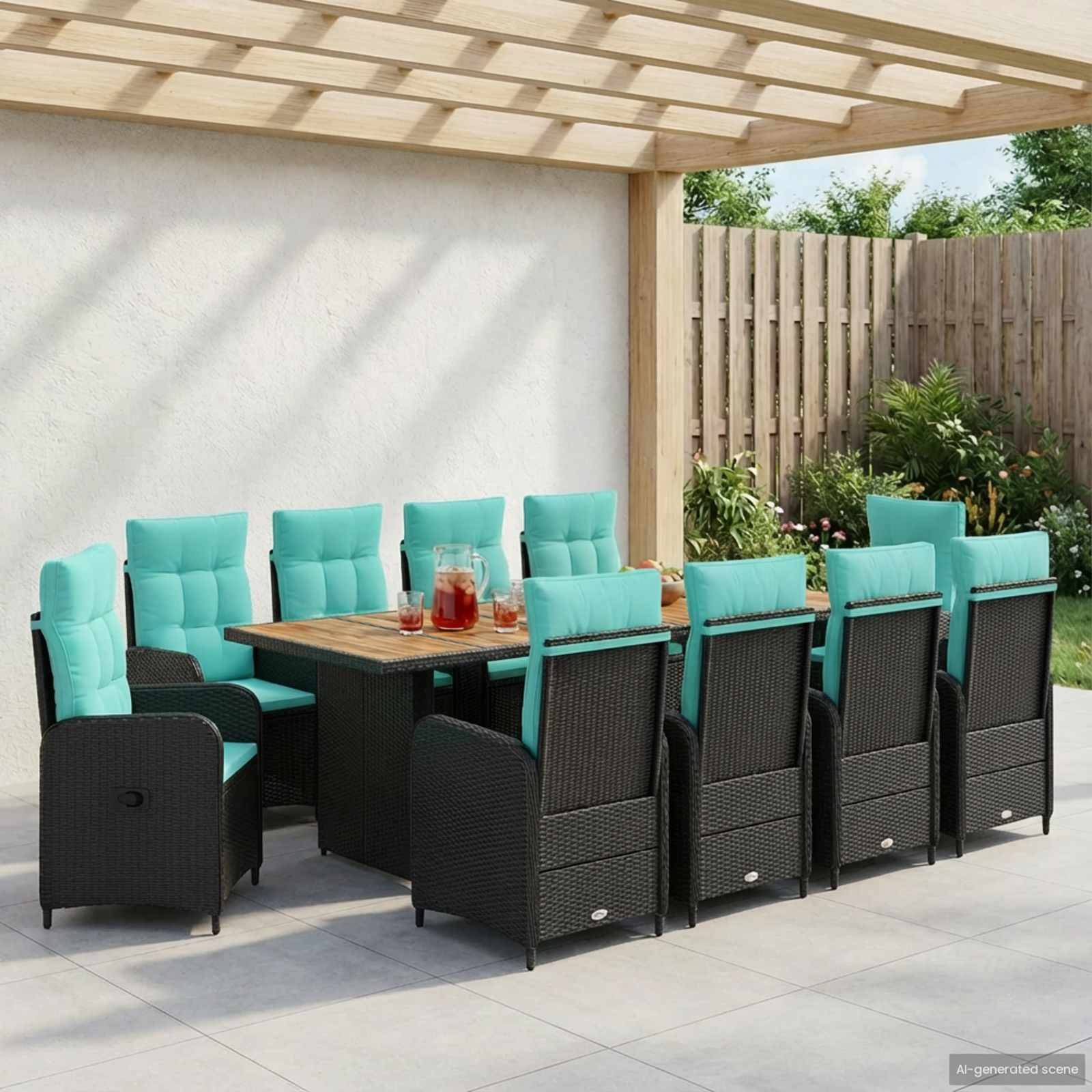 Gartenmöbelset für den Außenbereich mit gepolsterten schwarzen Rattanstühlen um einen Holztisch unter einer Pergola, mit Garten- und Zaunhintergrund.