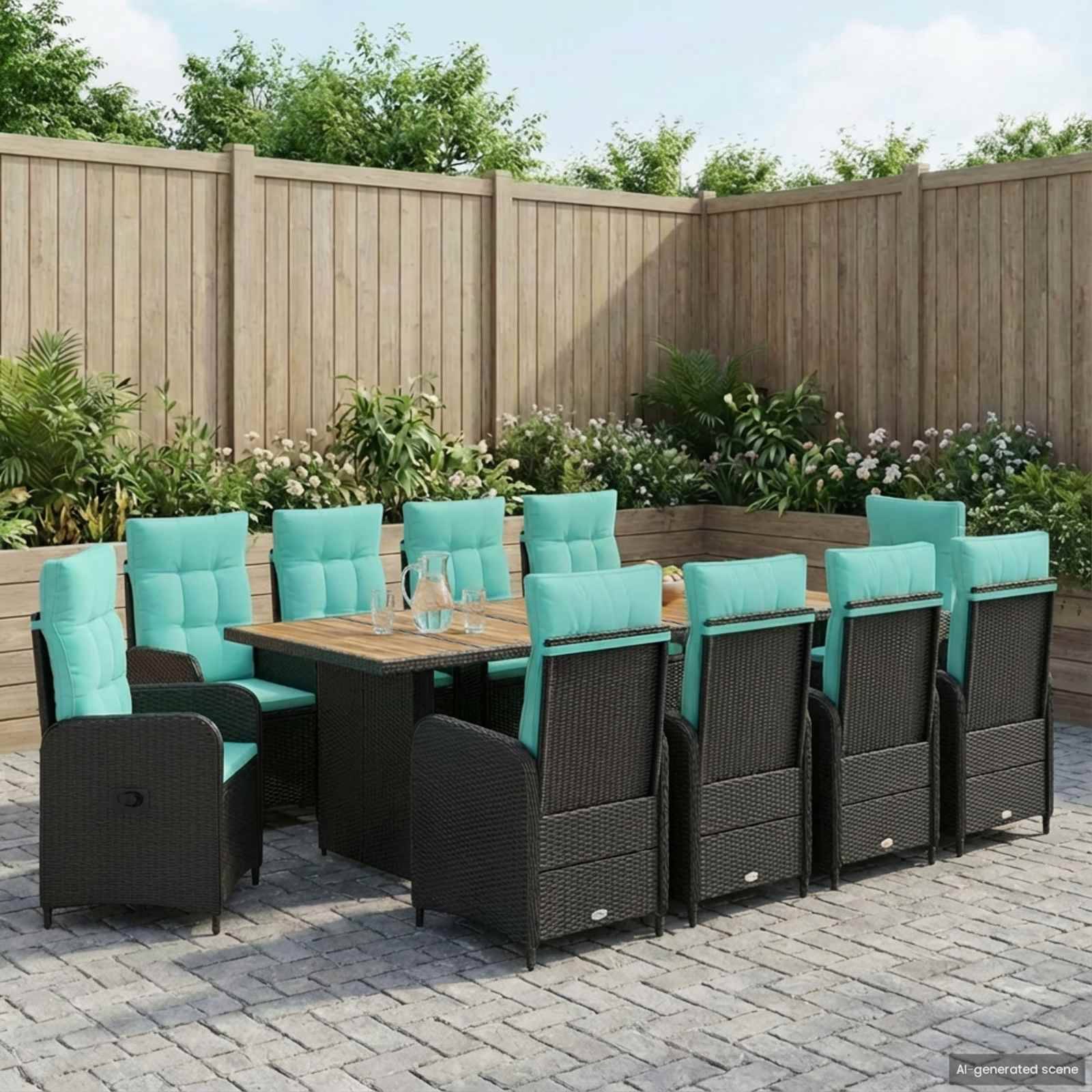 Gartenmöbelset für den Außenbereich mit einem Holztisch und acht schwarzen Rattanstühlen mit türkisfarbenen Kissen, angeordnet auf einer gepflasterten Terrasse neben einem eingezäunten Garten.