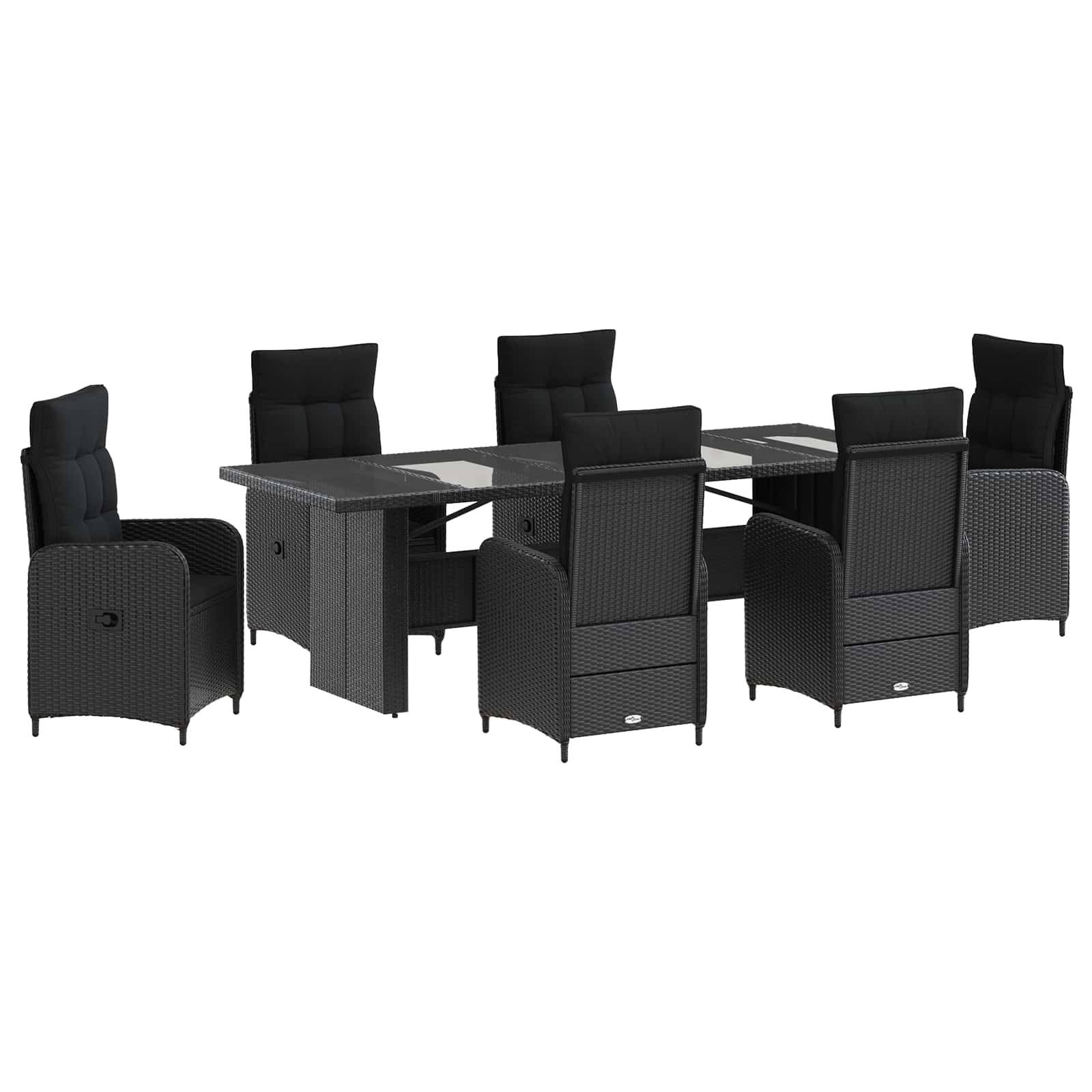 Schwarzes Rattanmöbel-Esszimmer-Set im Freien mit sechs gepolsterten Stühlen um zwei rechteckige Tische auf weißem Hintergrund.