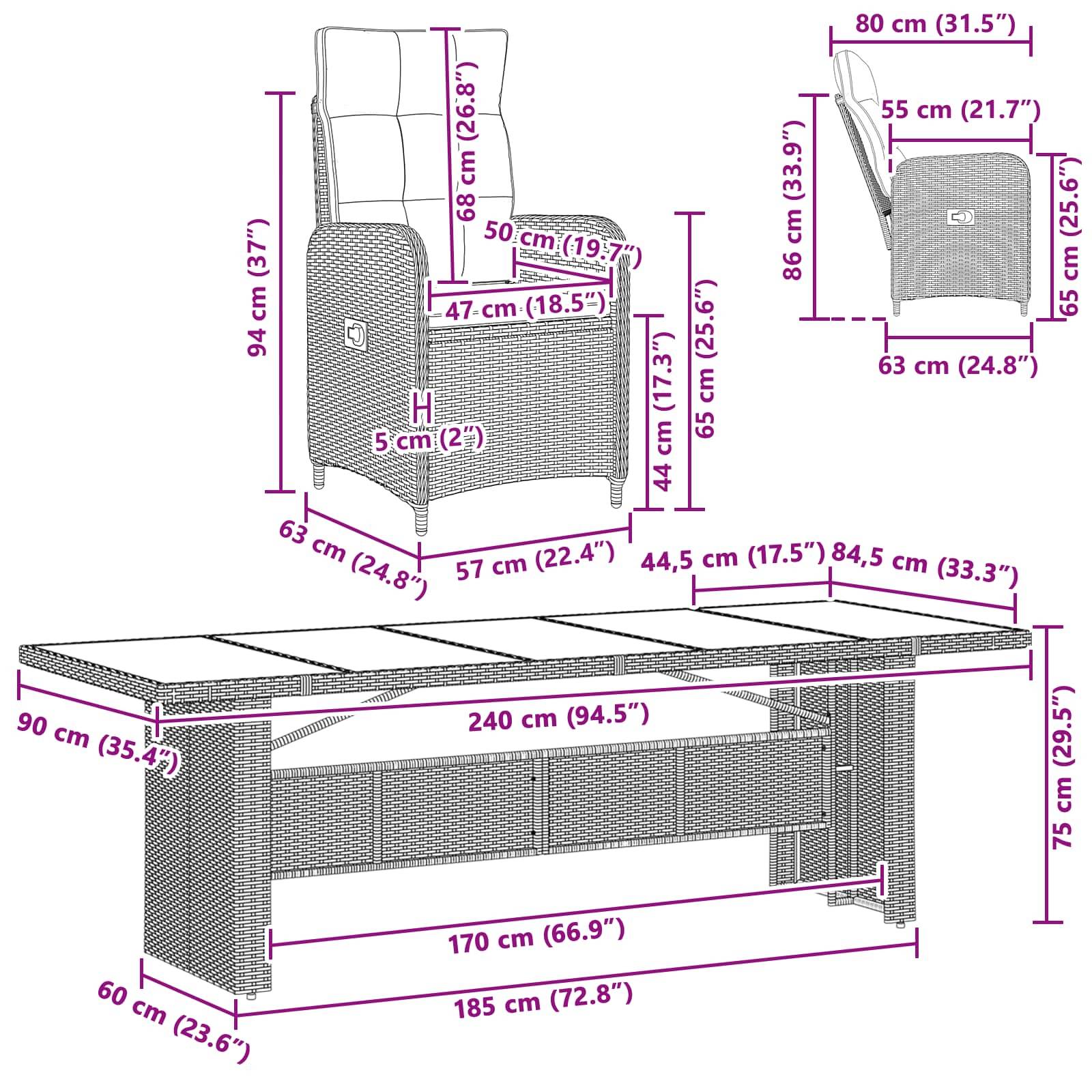 Dimensioniertes Korb-Esszimmerset mit Hochlehnenstuhl und rechteckigem Tisch mit Maßangaben in cm und Zoll.