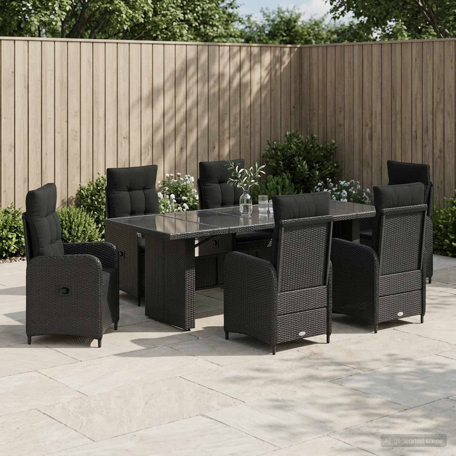 Gartenmöbel-Set für die Terrasse mit sechs schwarzen Geflecht-Stühlen um einen Tisch mit Glastischplatte auf einer gepflasterten Terrasse vor einem Holzzaun und grünem Bewuchs.