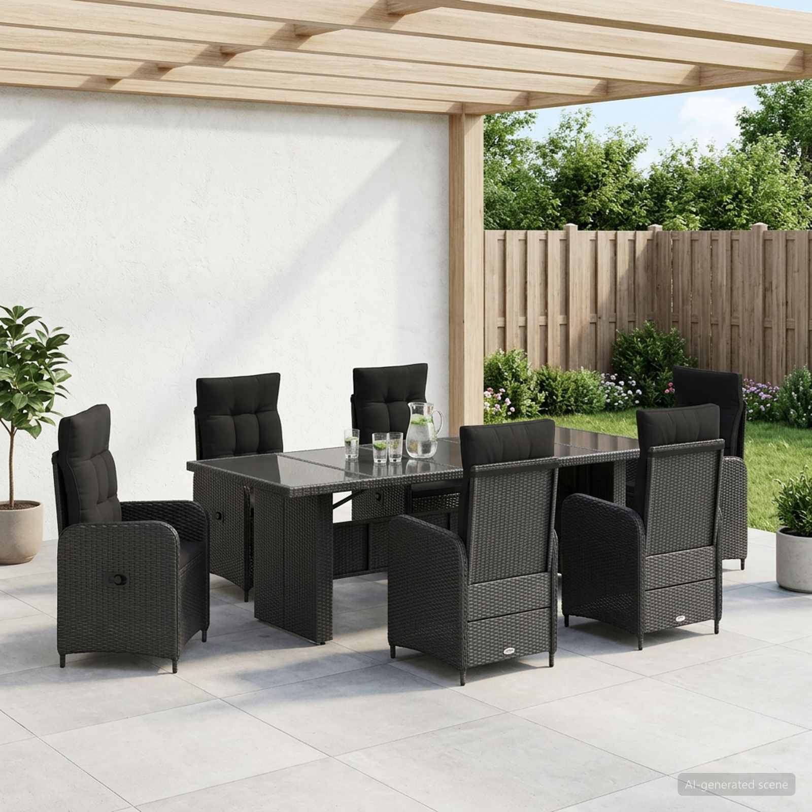Außenbereich-Esszimmer-Set mit sechs schwarzen geflochtenen Stühlen um einen rechteckigen Glastisch unter einer Pergola, neben einem Garten und einem Zaun.