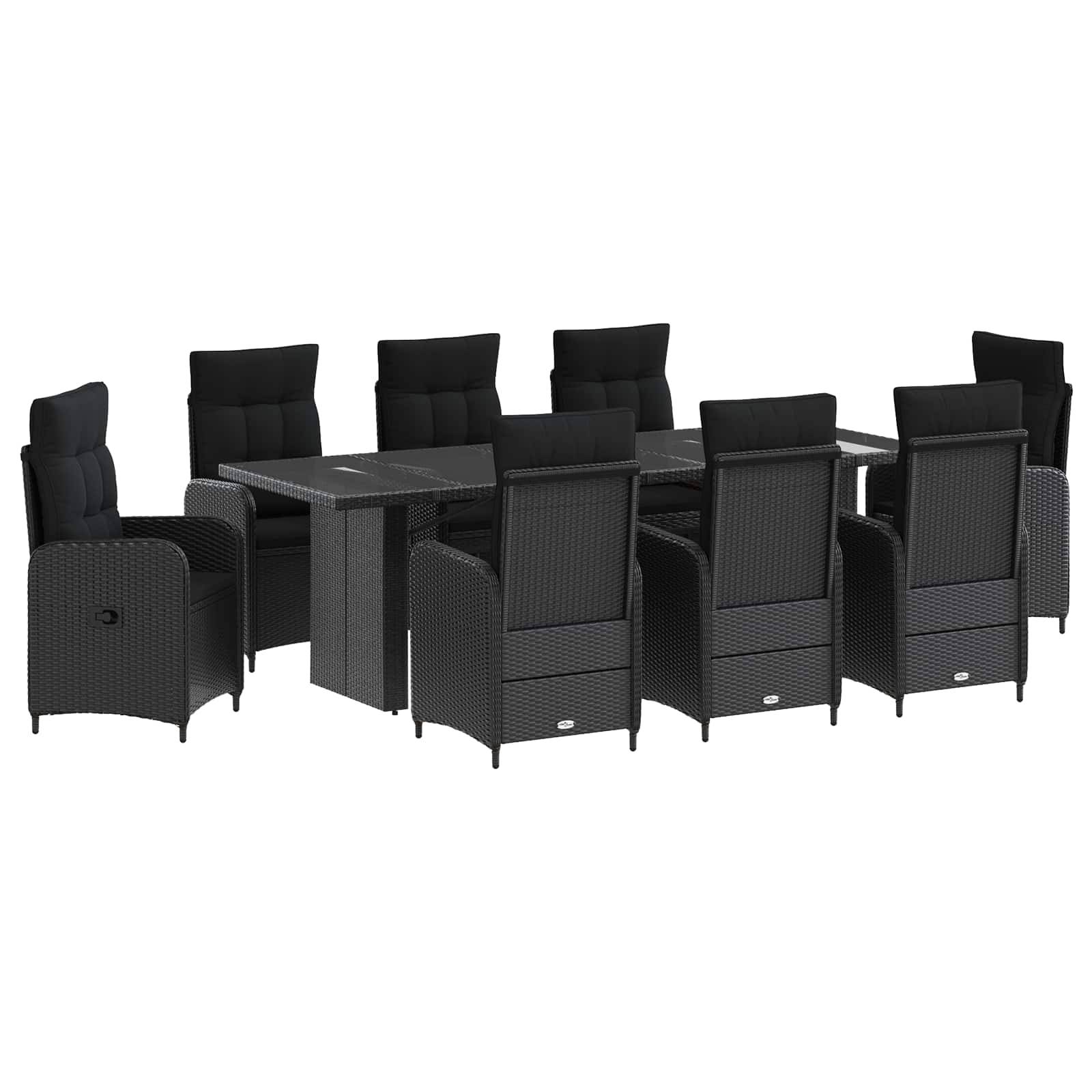 Schwarzes Rattan-Gartenmöbelset mit rechteckigem Tisch und acht hochlehnigen Stühlen auf weißem Hintergrund.